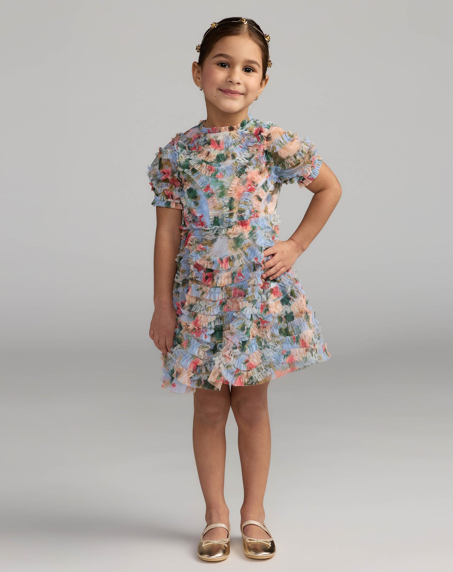 Girls Blue Floral Ruffle Puff Sleeve Mini Dress Mac Duggal