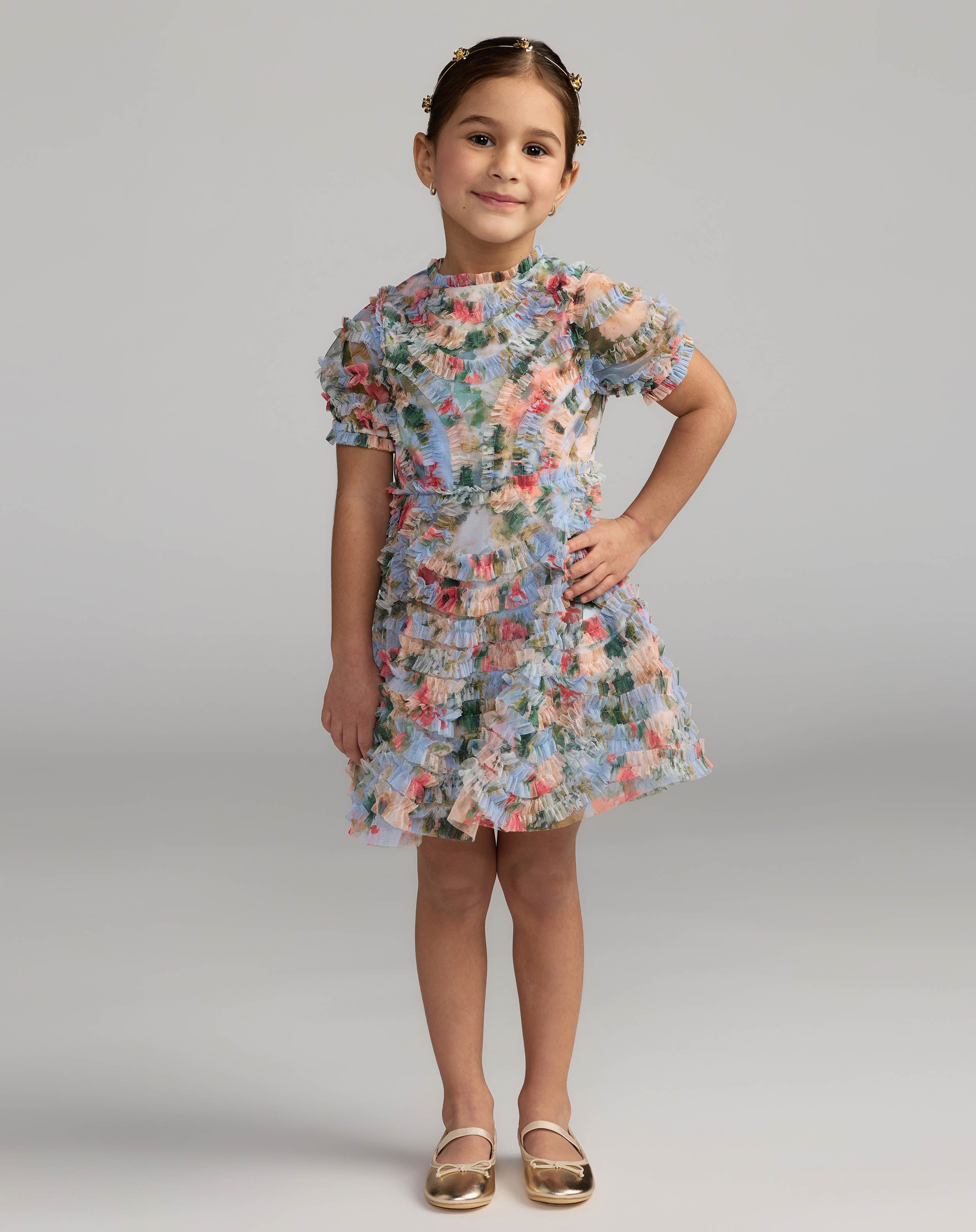 Girls Blue Floral Ruffle Puff Sleeve Mini Dress Mac Duggal