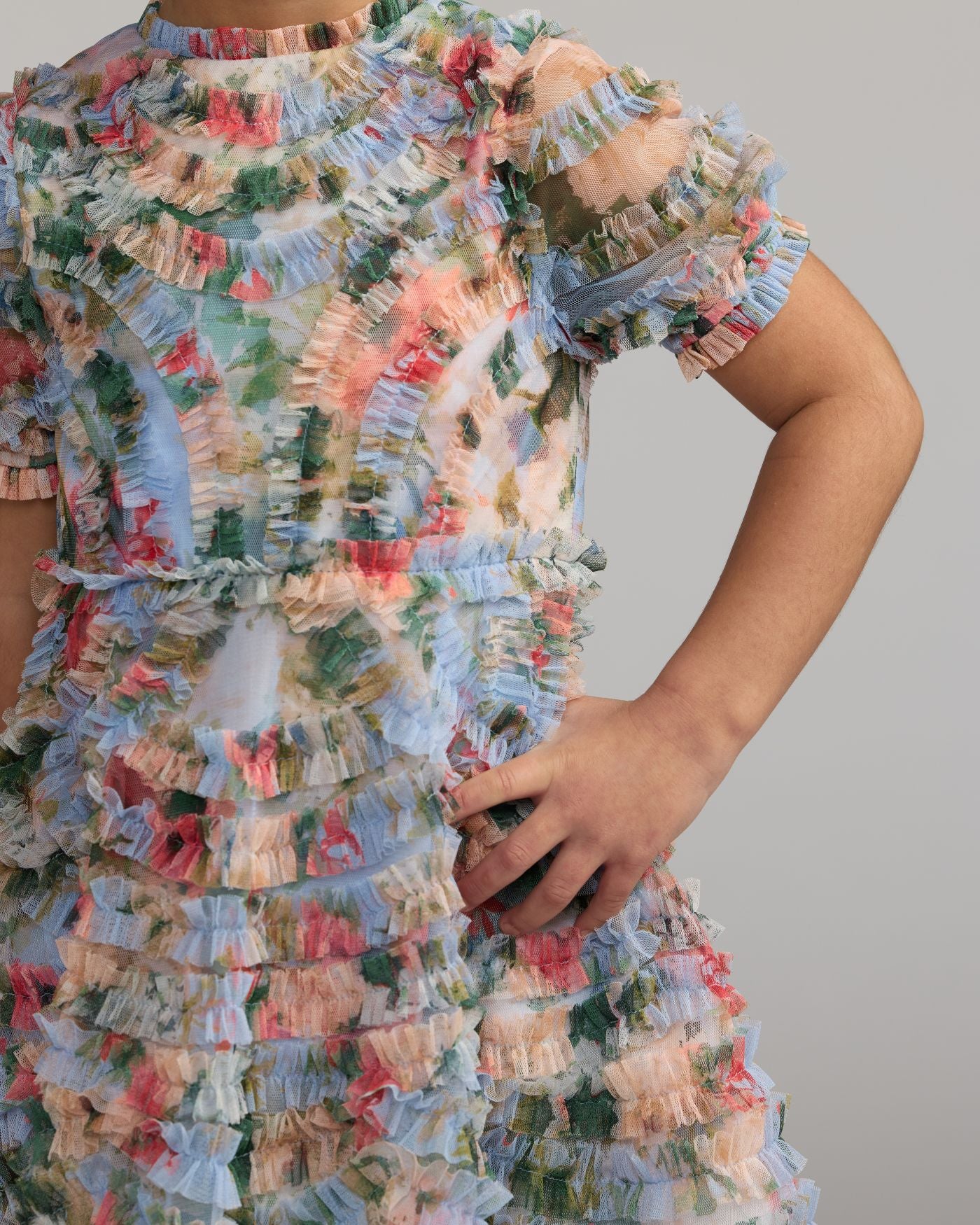 Girls Blue Floral Ruffle Puff Sleeve Mini Dress Mac Duggal