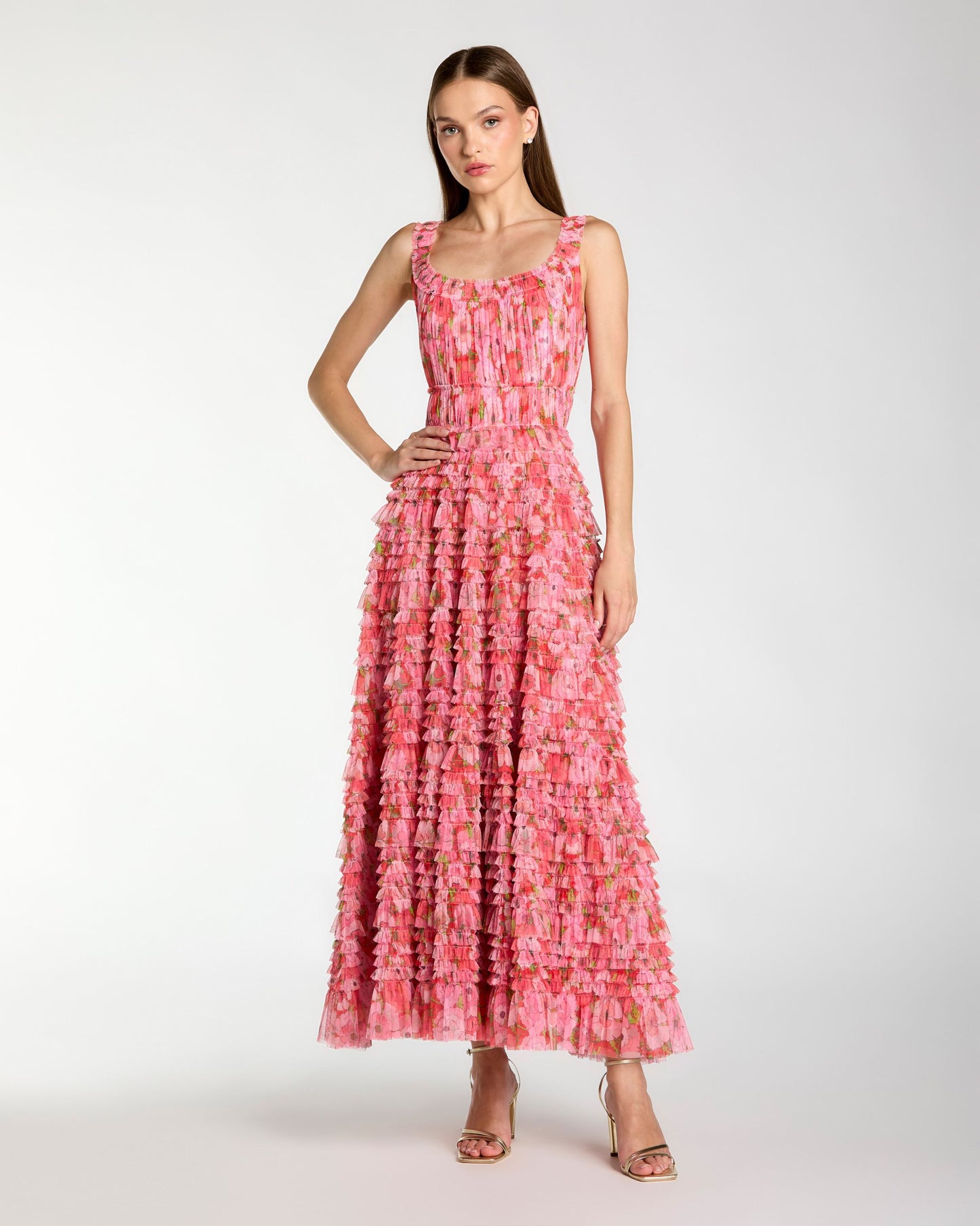 Pink Multicolor Floral Printed Ruffle Midi Dress Mac Duggal