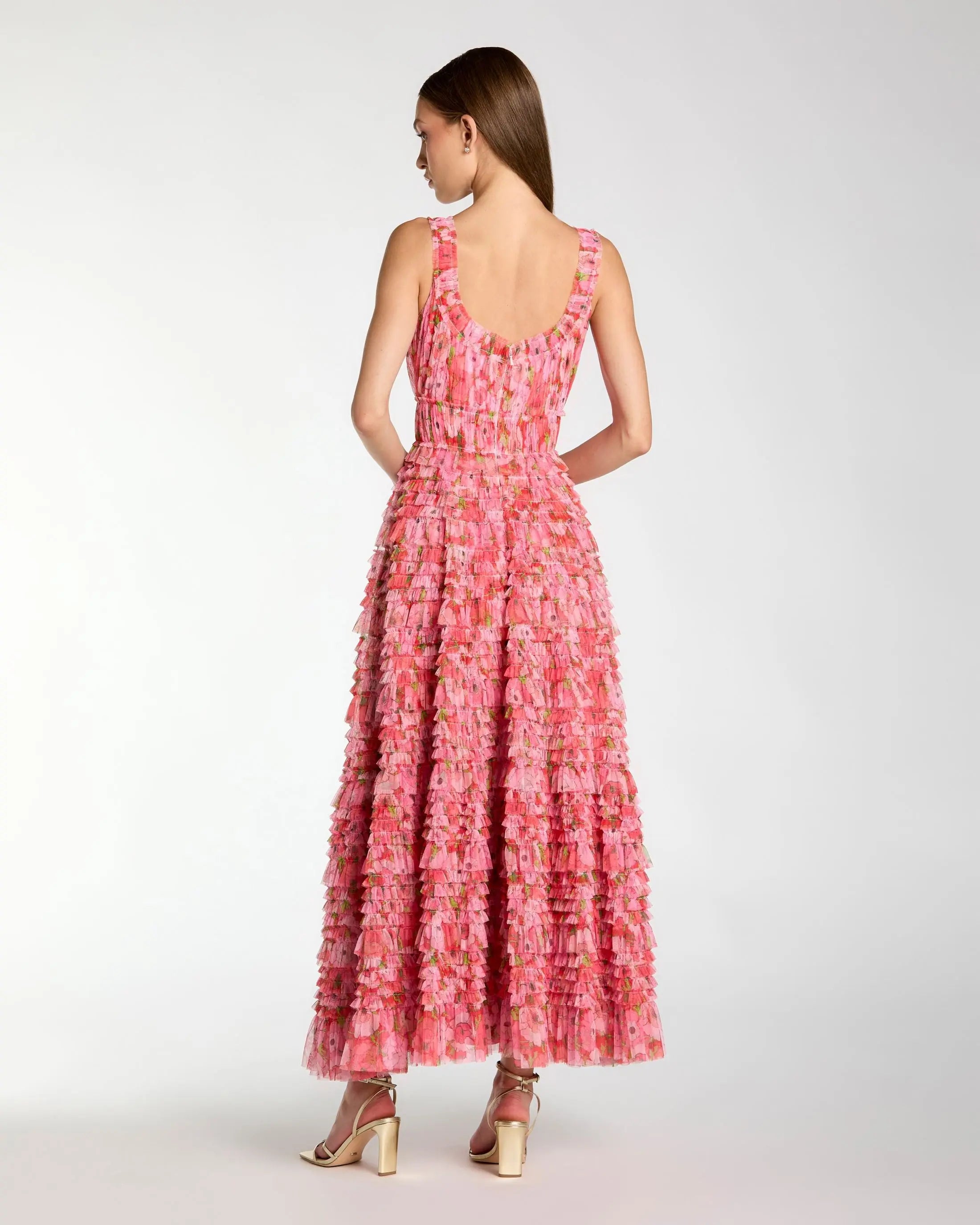 Pink Multicolor Floral Printed Ruffle Midi Dress Mac Duggal