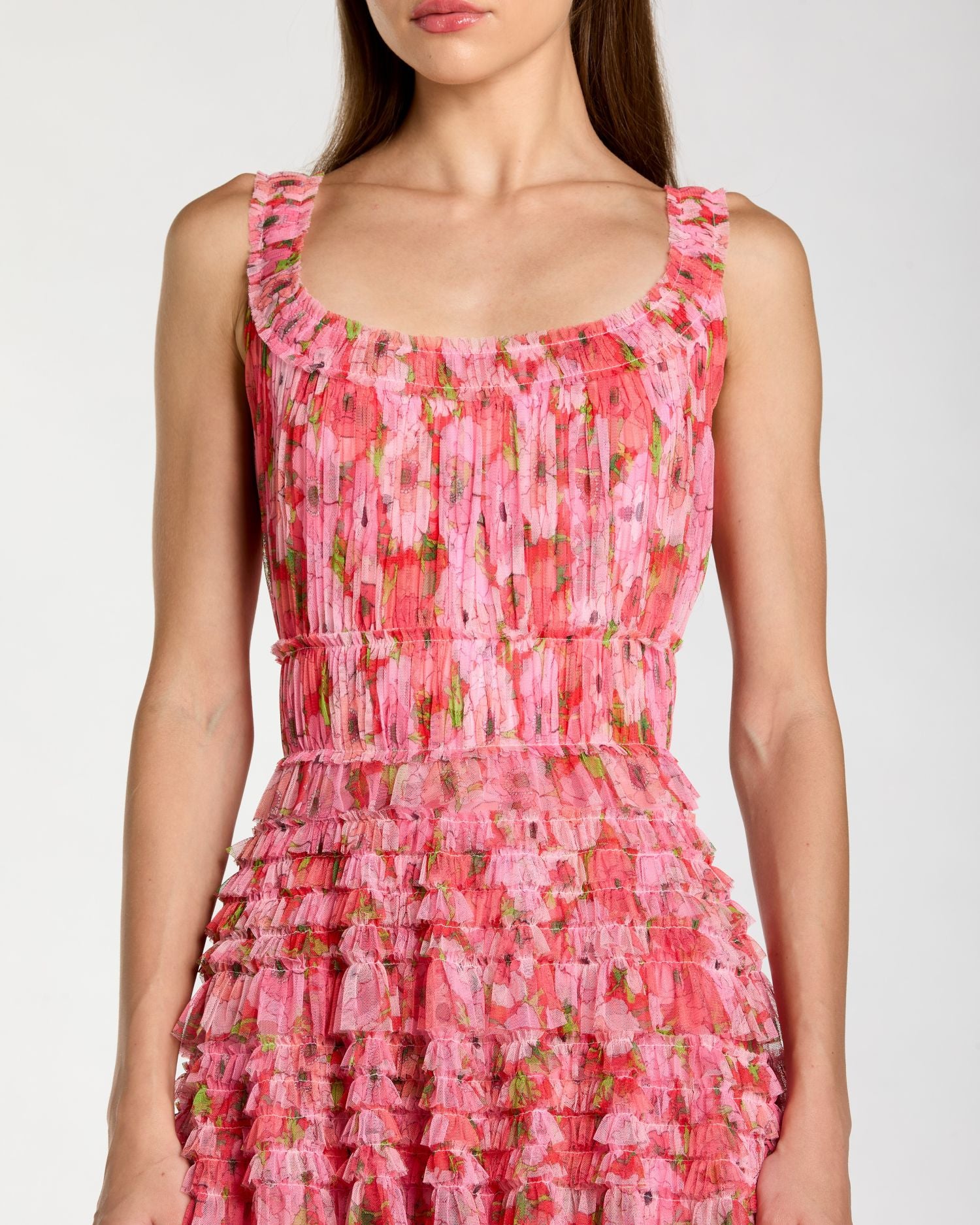 Pink Multicolor Floral Printed Ruffle Midi Dress Mac Duggal