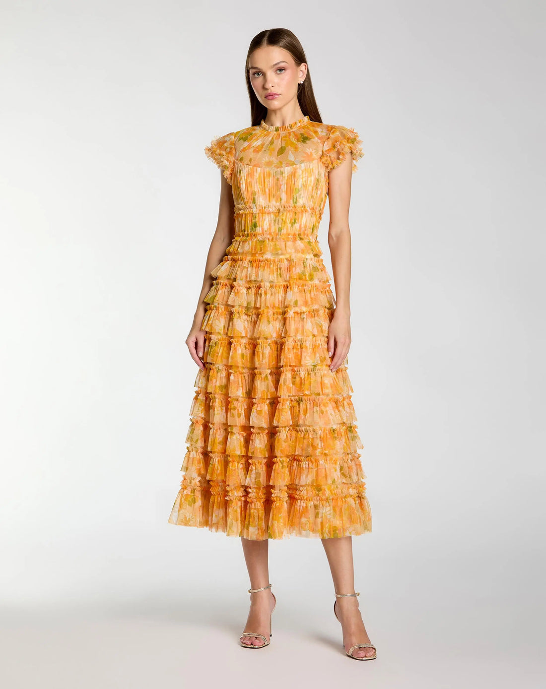 Yellow Floral High Neck Flutter Sleeve Midi Dress | Mac Duggal Yellow Floral High Neck Flutter Sleeve Midi Dress | Mac Duggal