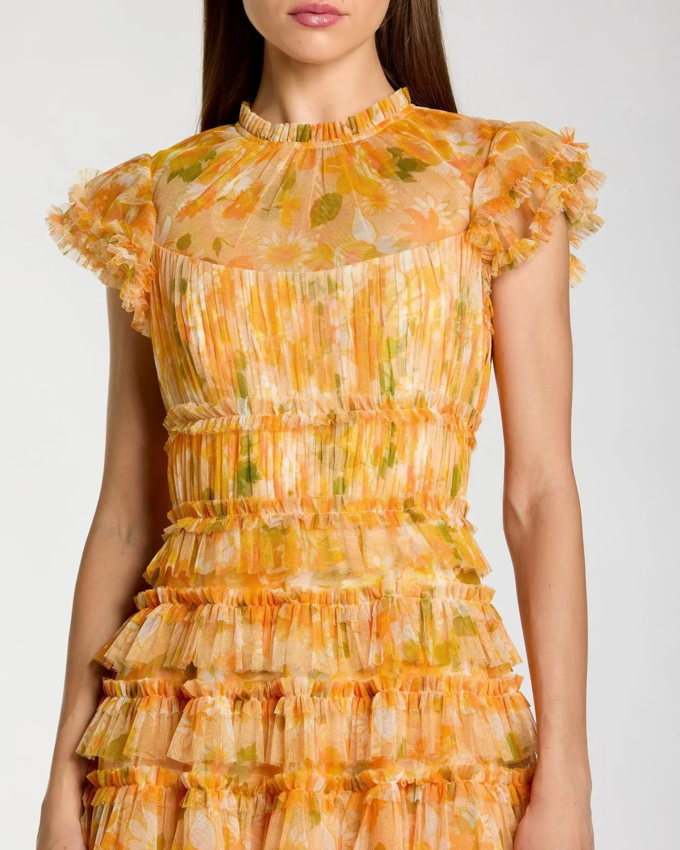 Yellow Floral High Neck Flutter Sleeve Midi Dress Mac Duggal