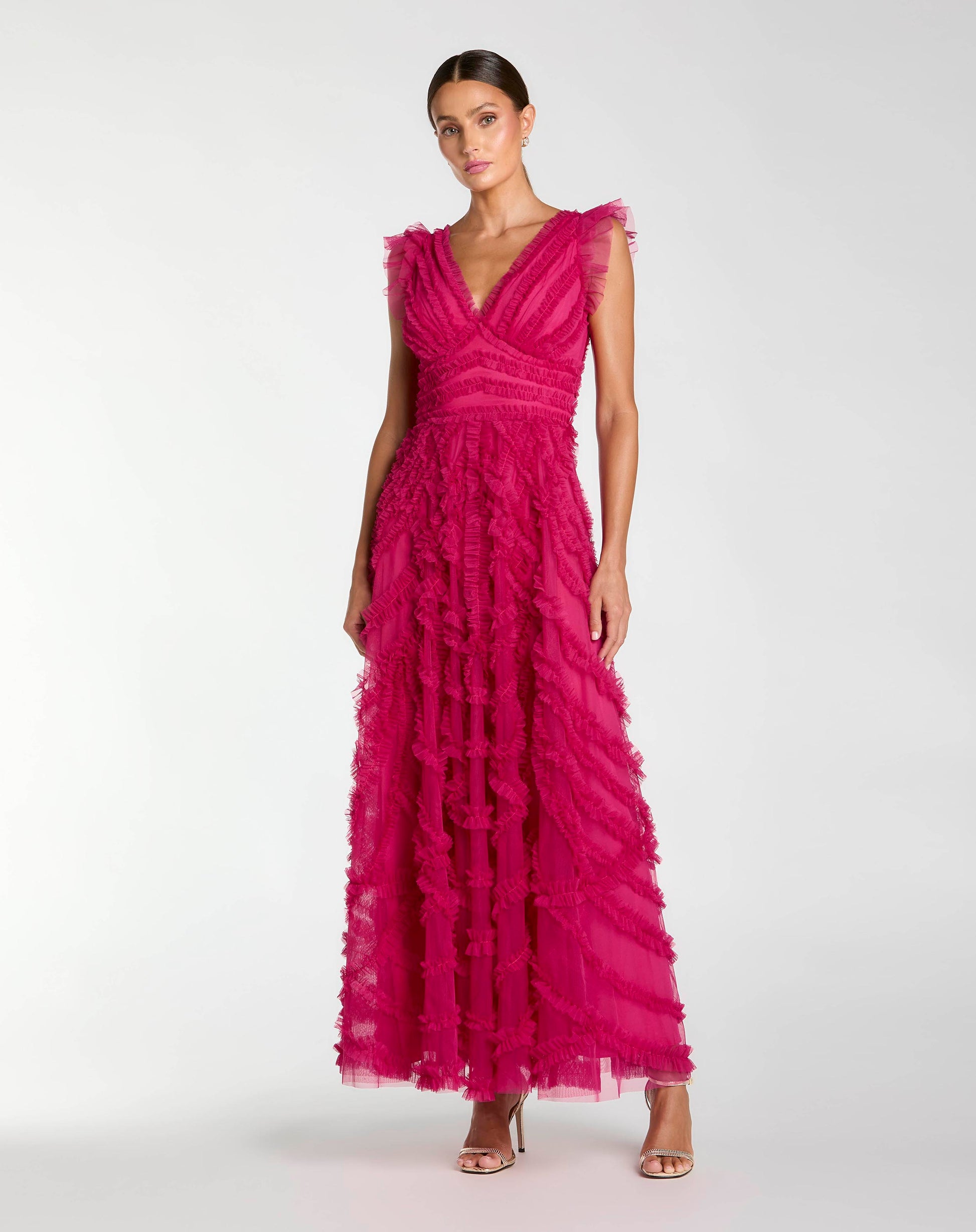 Pink V-Neck Cap Sleeve Ruffle Maxi Dress - Mac Duggal