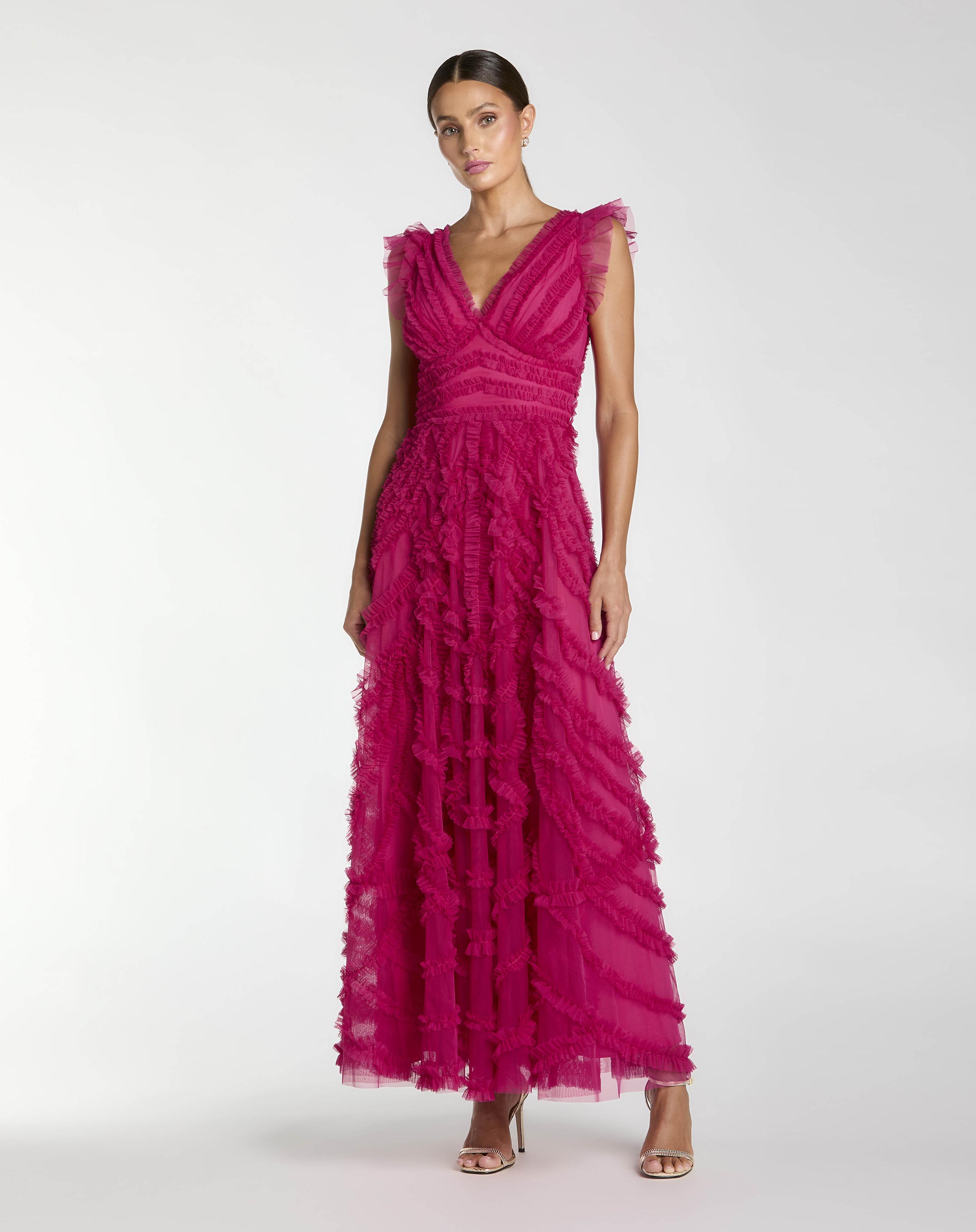 Pink V-Neck Cap Sleeve Ruffle Maxi Dress - Mac Duggal