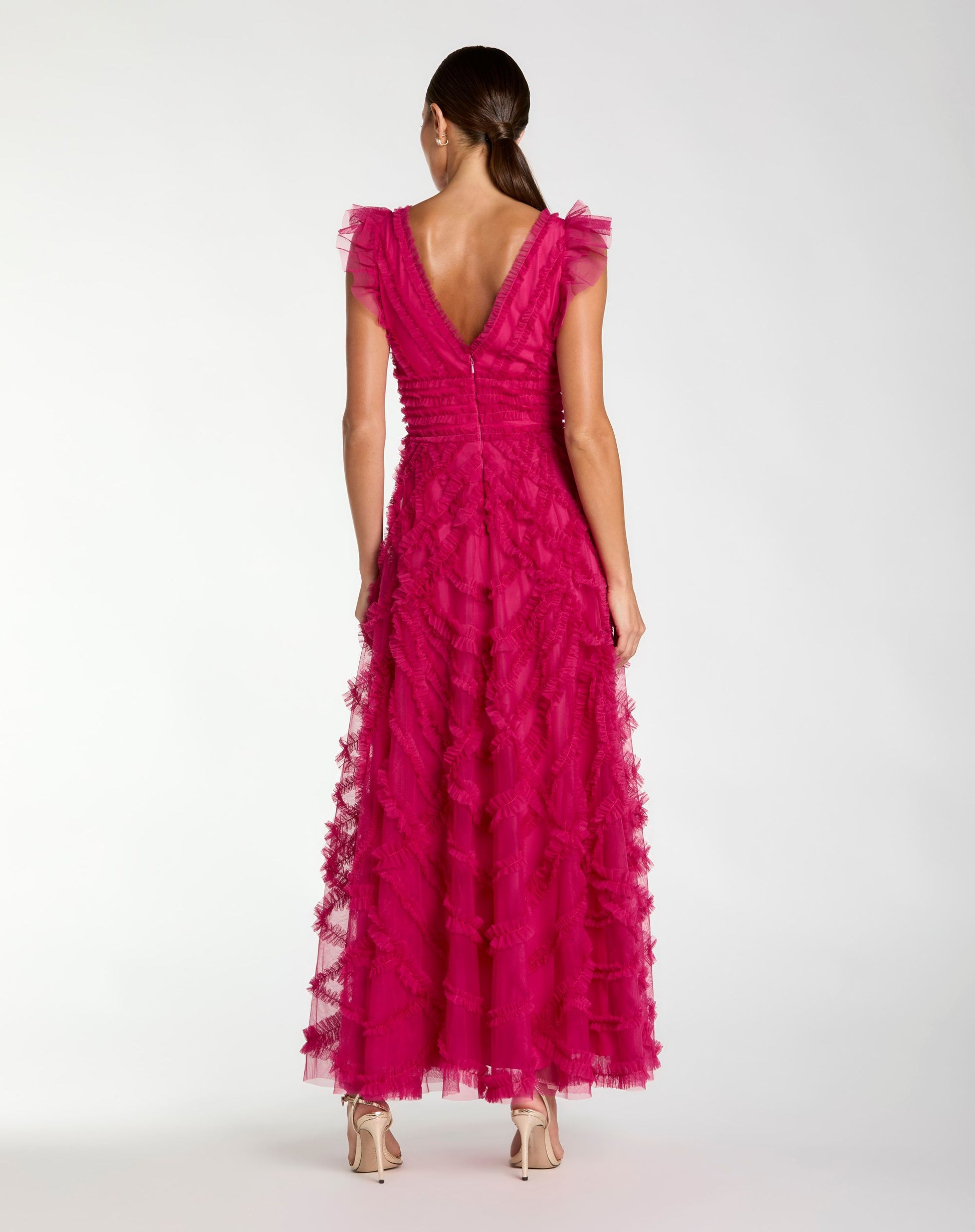 Pink V-Neck Cap Sleeve Ruffle Maxi Dress - Mac Duggal