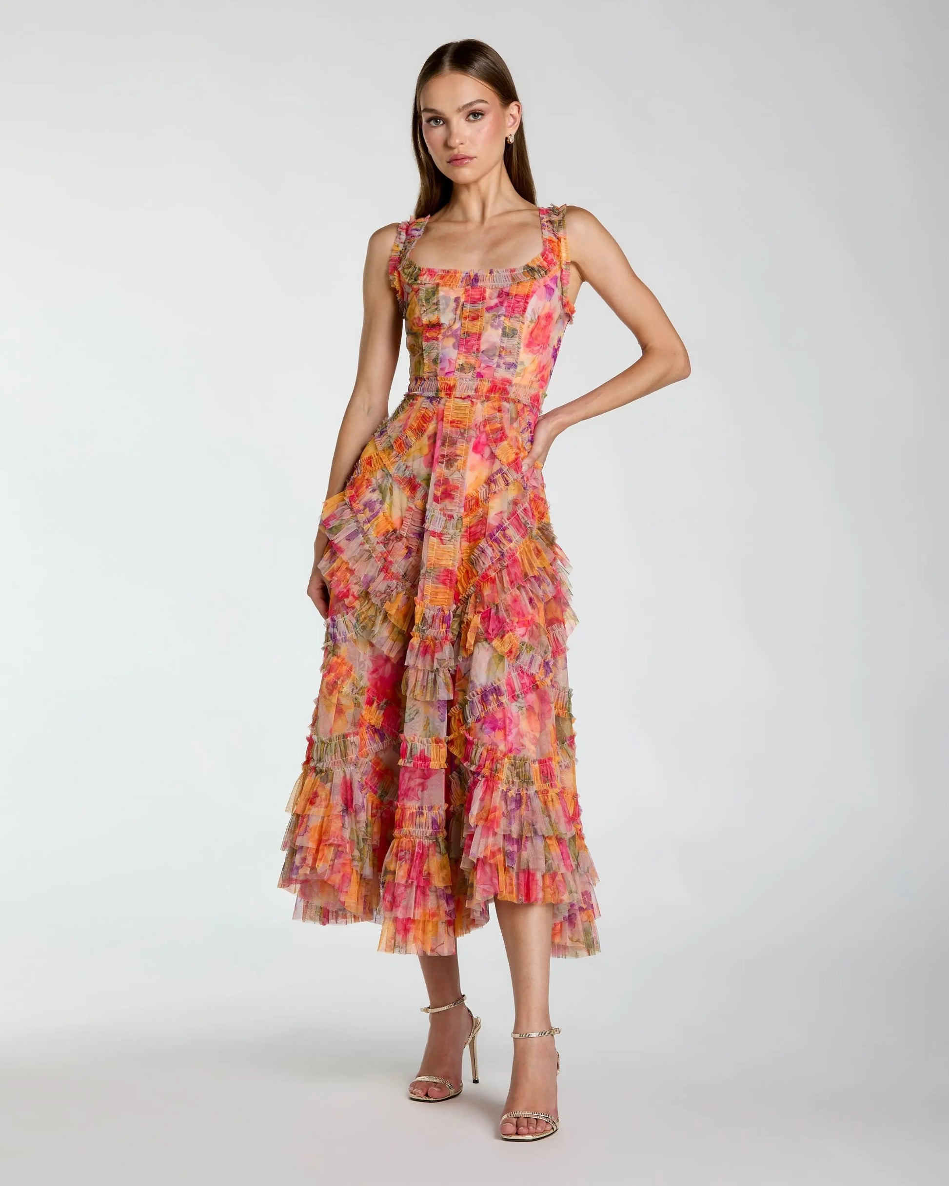 Multicolor Floral Scoop Neck A-Line Ruffle Midi Dress | Mac Duggal Multicolor Floral Scoop Neck A-Line Ruffle Midi Dress | Mac Duggal