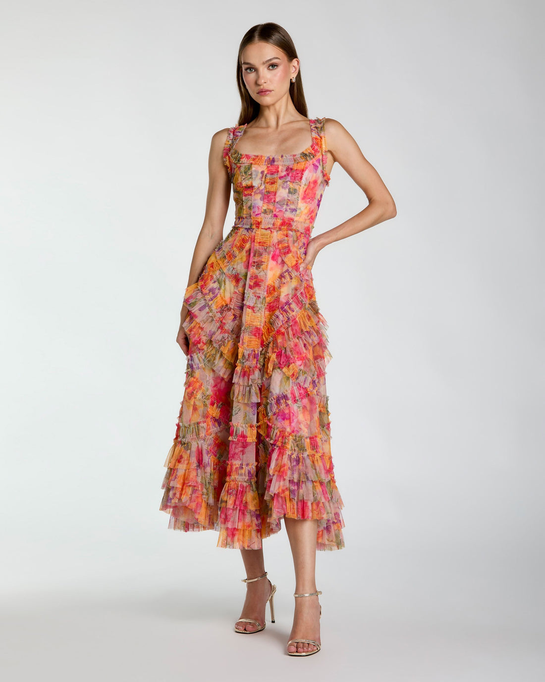 Multicolor Floral Scoop Neck A-Line Ruffle Midi Dress Mac Duggal