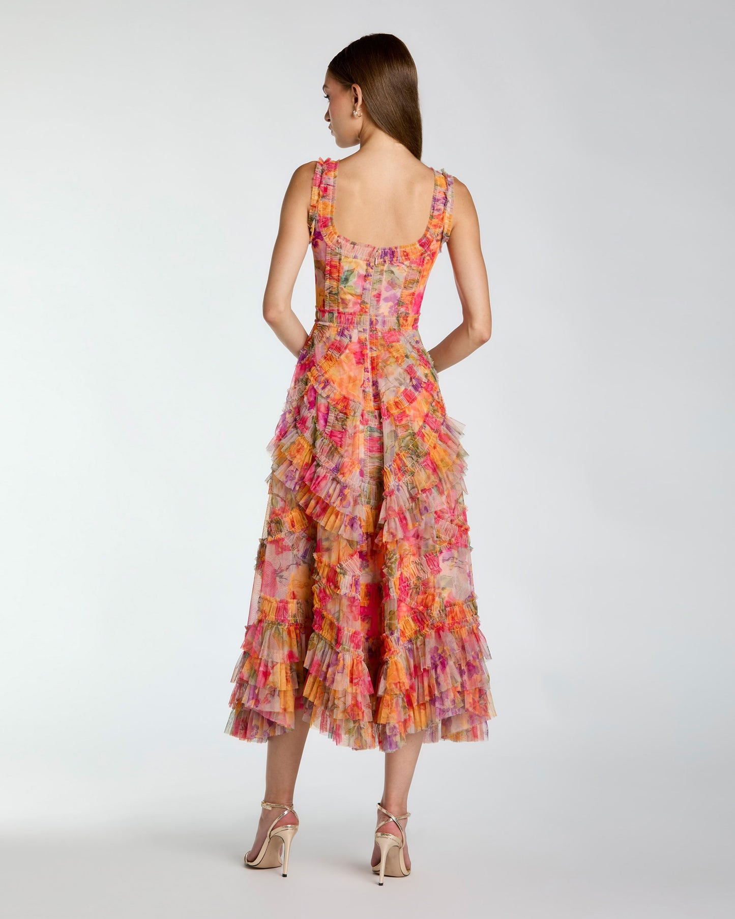 Multicolor Floral Scoop Neck A-Line Ruffle Midi Dress Mac Duggal