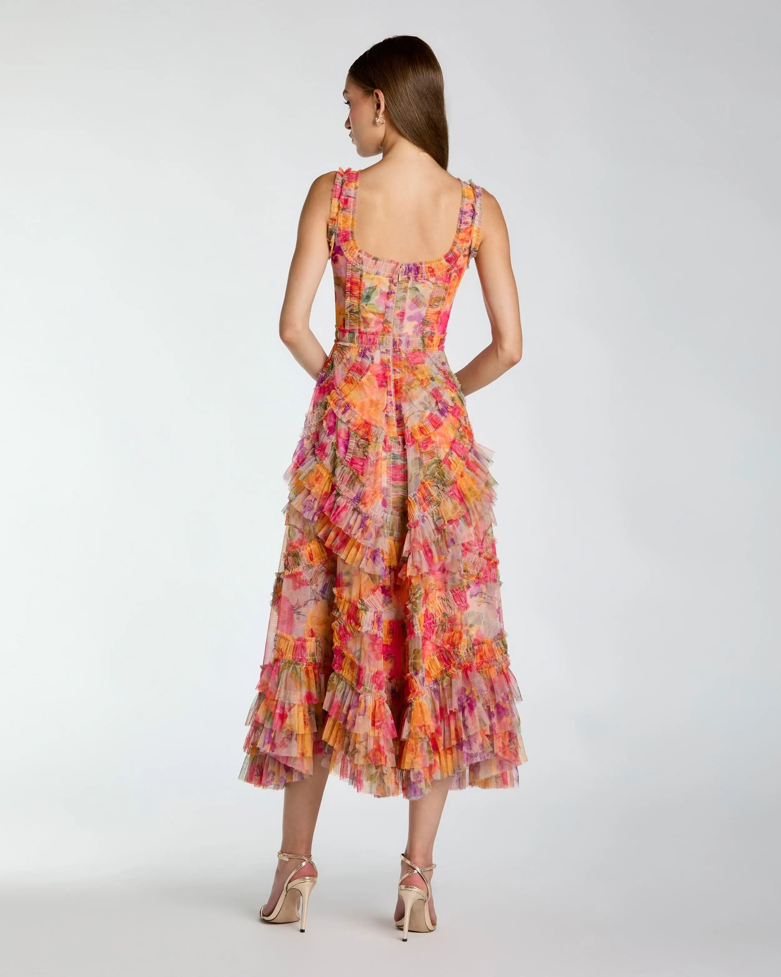 Multicolor Floral Scoop Neck A-Line Ruffle Midi Dress Mac Duggal