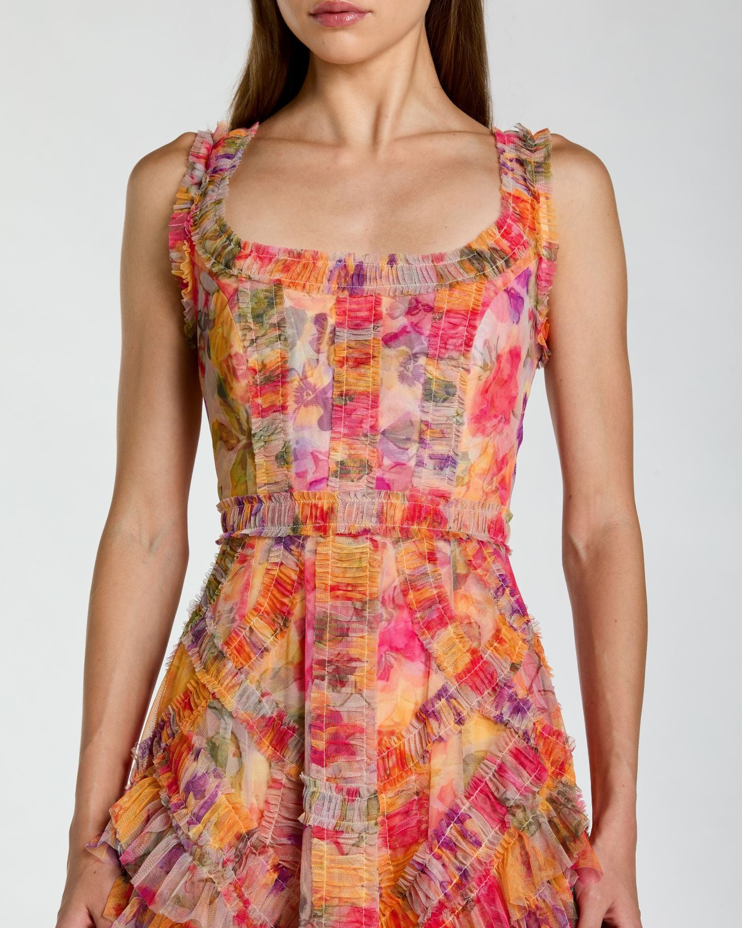 Multicolor Floral Scoop Neck A-Line Ruffle Midi Dress Mac Duggal