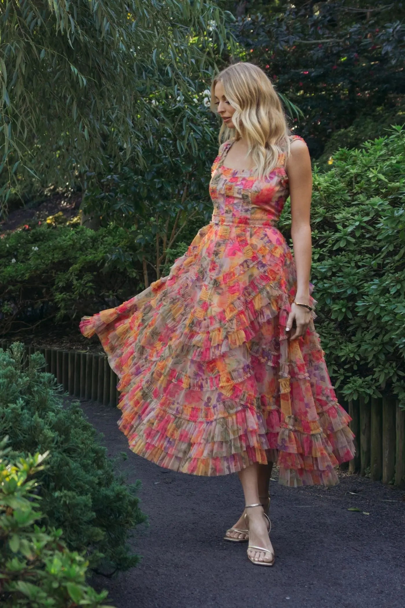 Multicolor Floral Scoop Neck A-Line Ruffle Midi Dress Mac Duggal