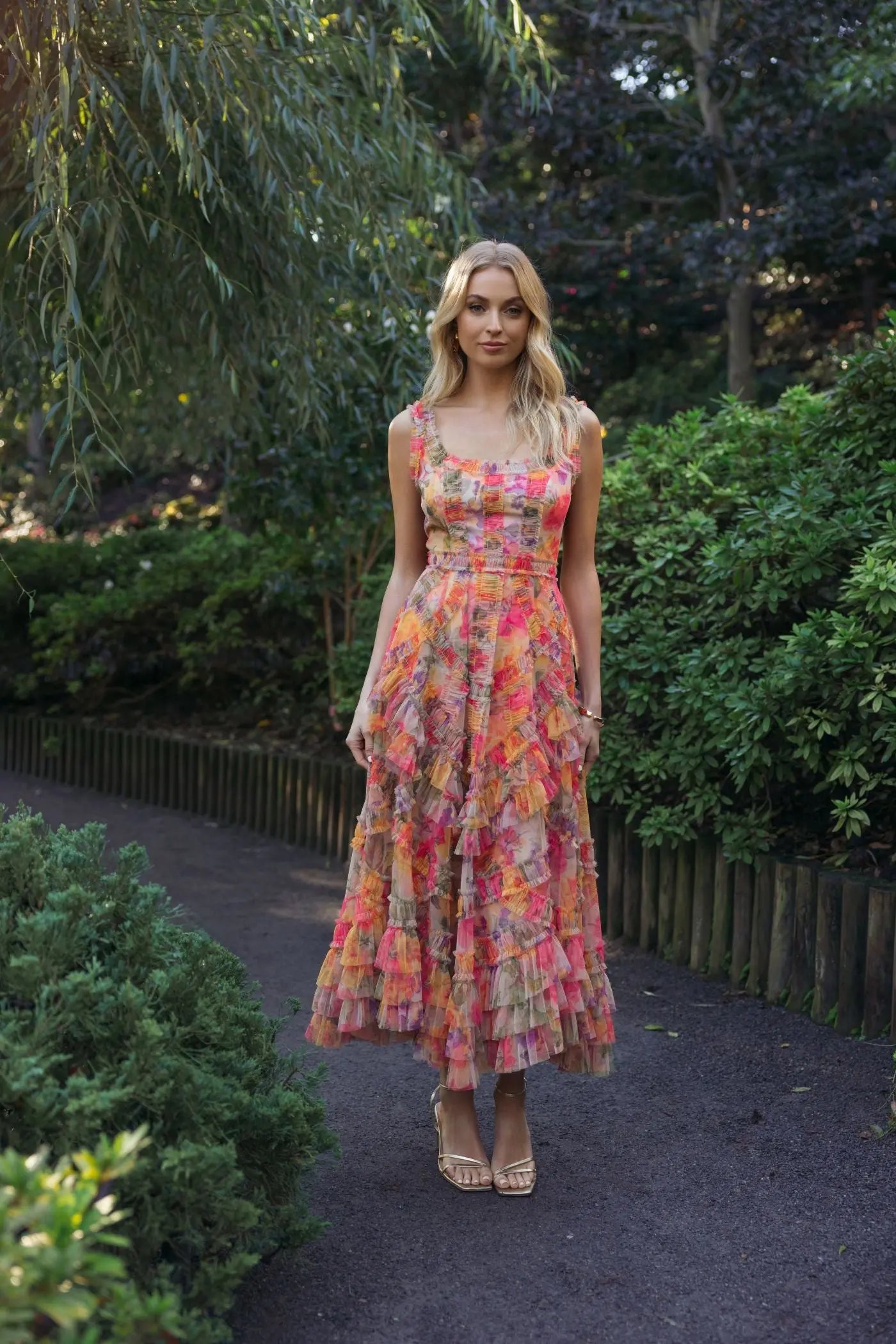 Multicolor Floral Scoop Neck A-Line Ruffle Midi Dress | Mac Duggal