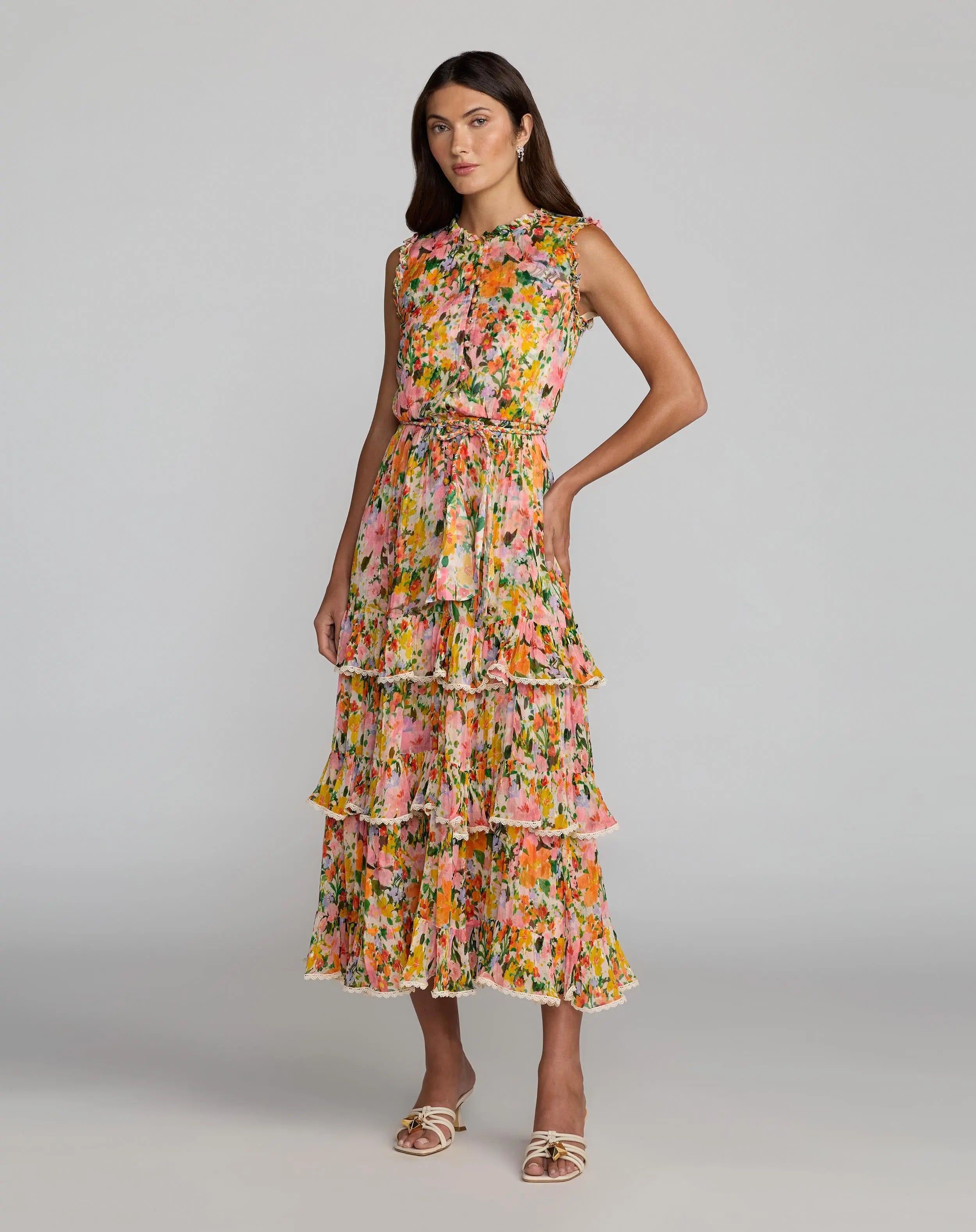 Multi Floral Tiered Ruffle Midi Dress Mac Duggal