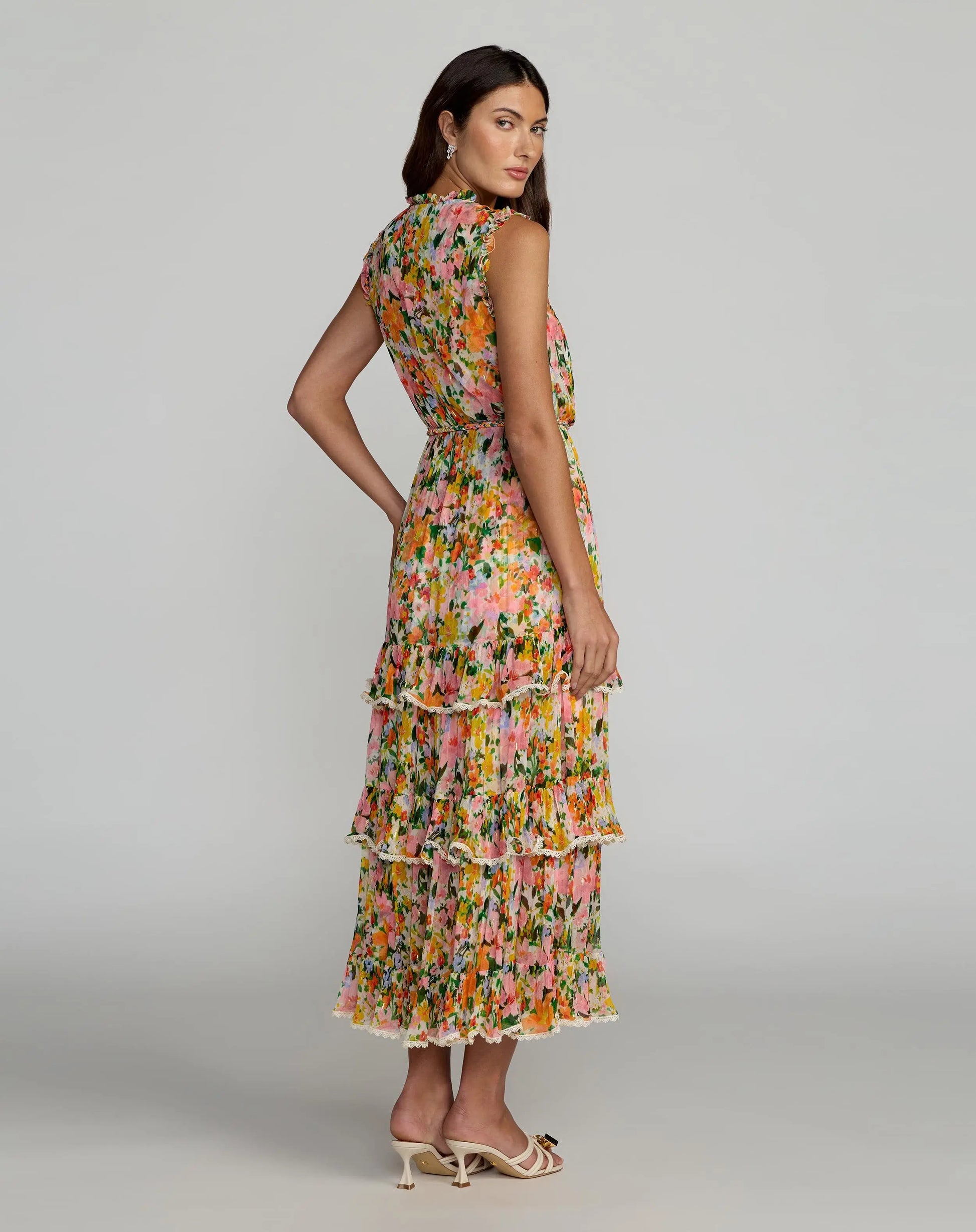 Multi Floral Tiered Ruffle Midi Dress | Mac Duggal Multi Floral Tiered Ruffle Midi Dress | Mac Duggal