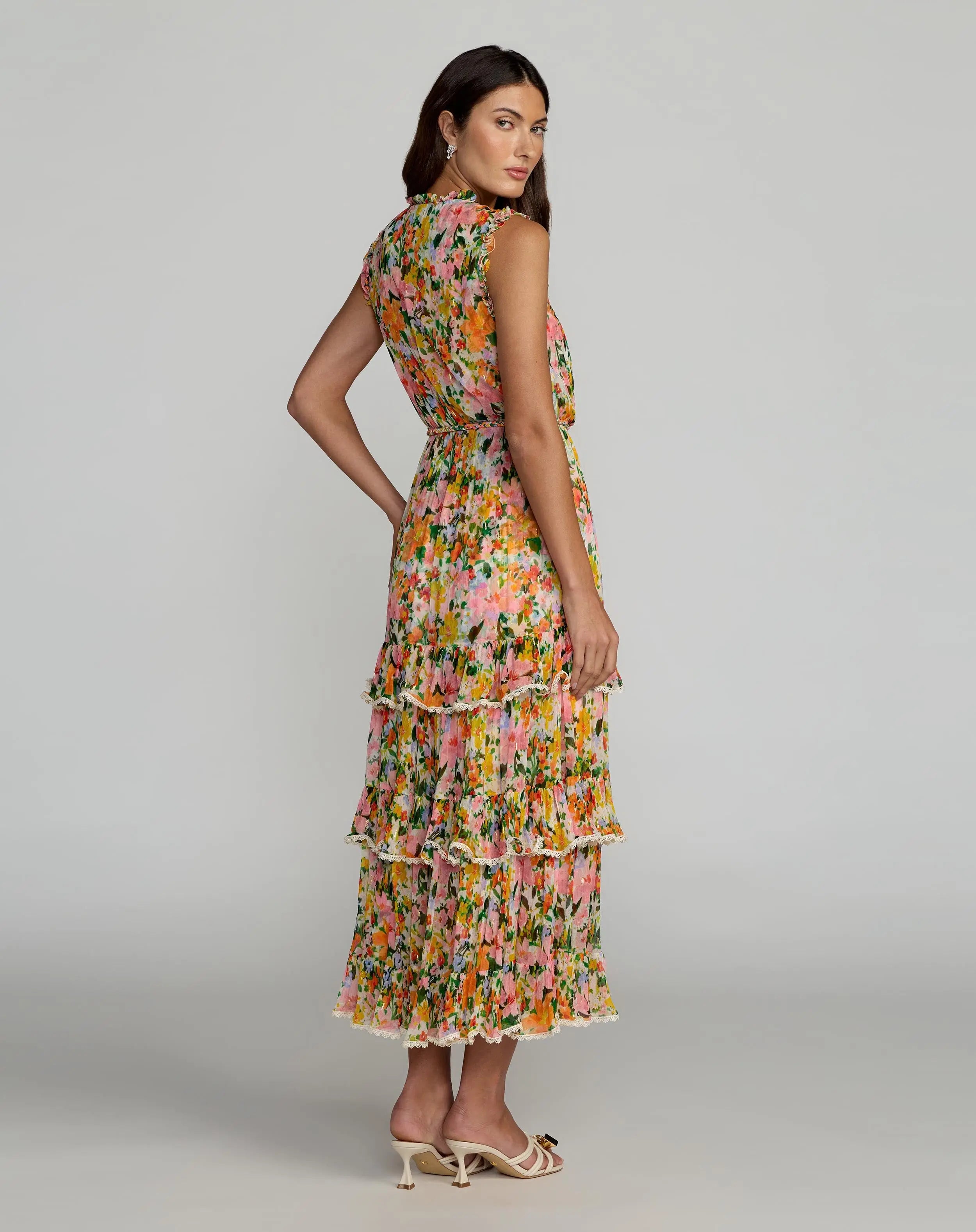 Multi Floral Tiered Ruffle Midi Dress Mac Duggal