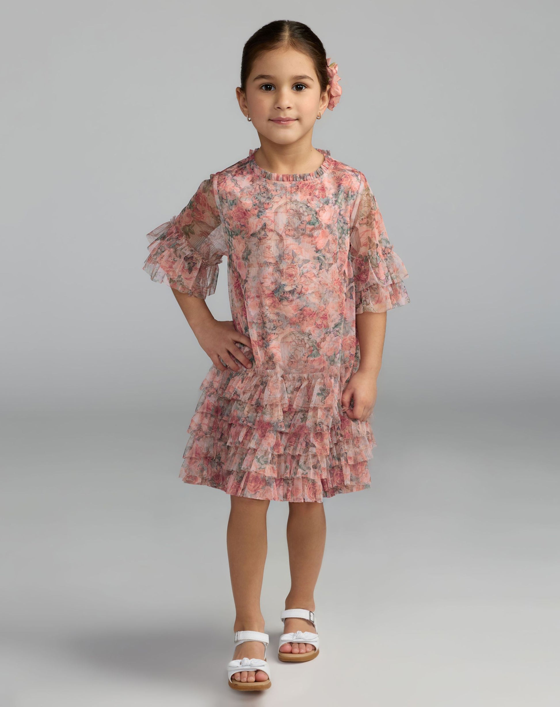 Girls Pink Floral Printed Short Sleeve Ruffle Dress - Mac Duggal