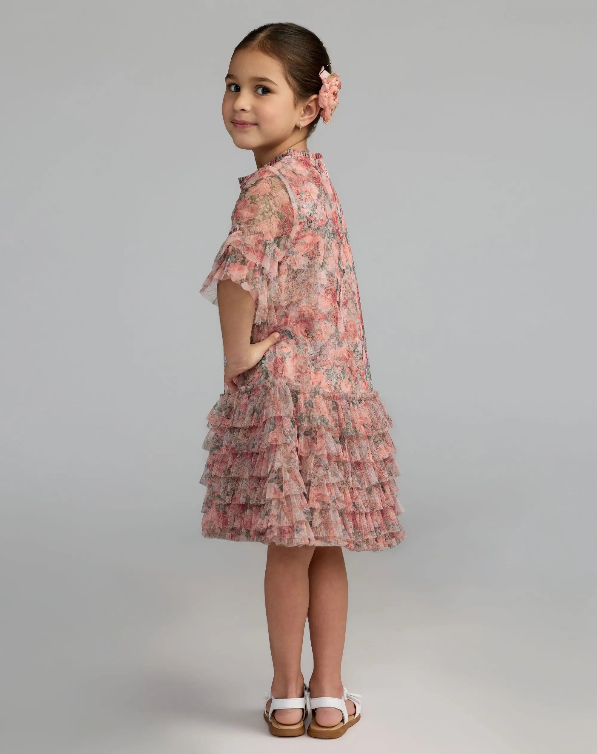 Girls Pink Floral Printed Short Sleeve Ruffle Dress - Mac Duggal