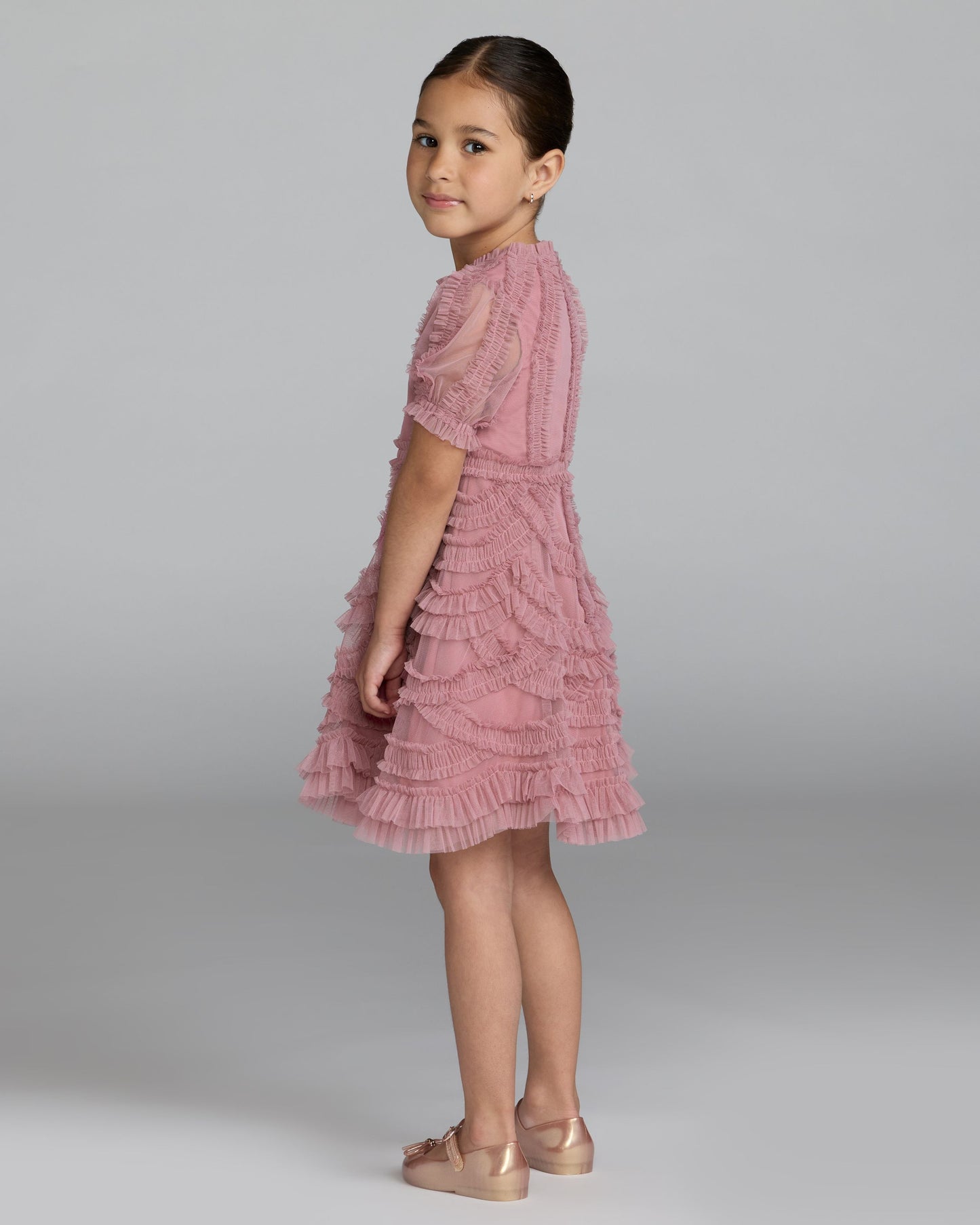 Girls Pink High Neck Puff Sleeve Ruffle Mini Dress Mac Duggal