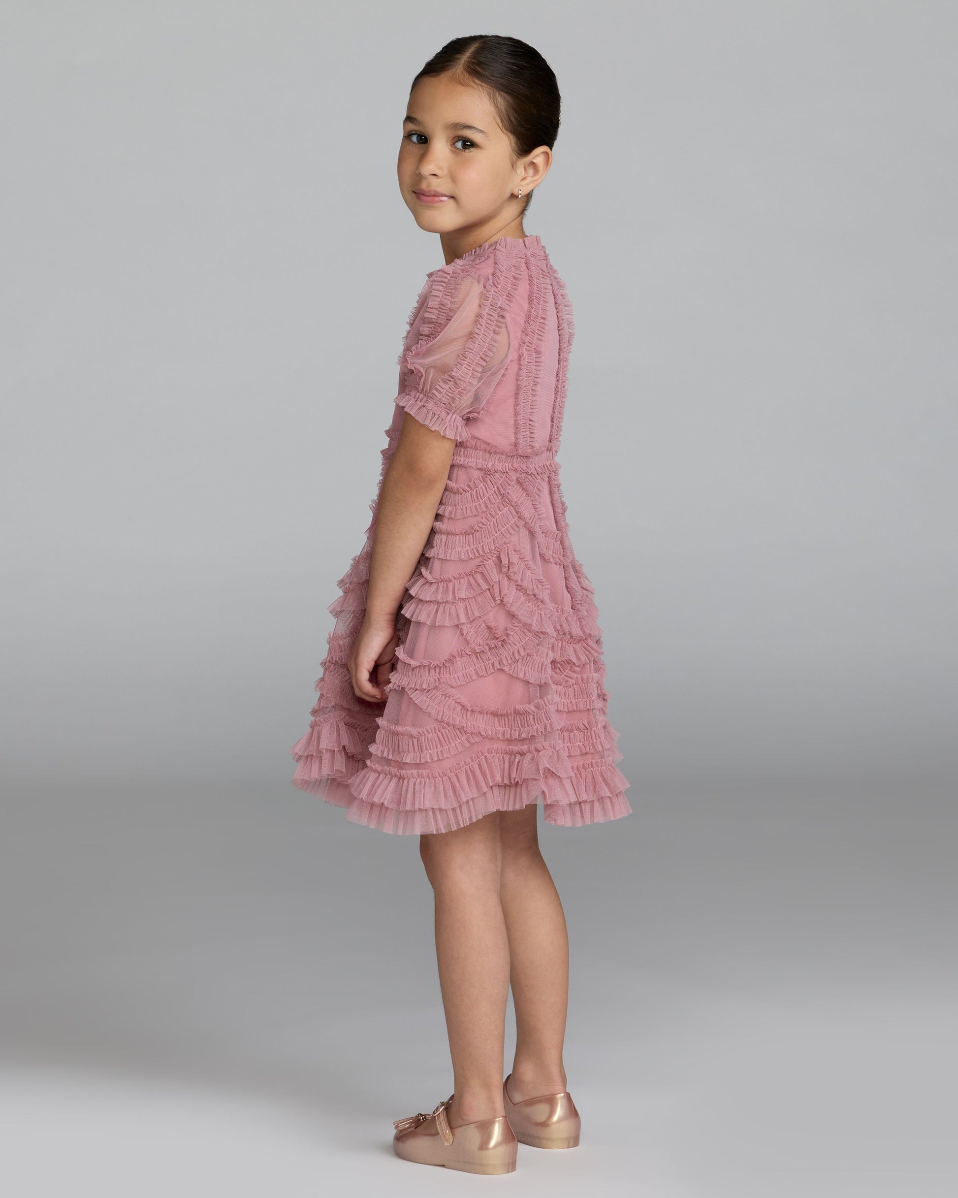 Girls Pink High Neck Puff Sleeve Ruffle Mini Dress Mac Duggal