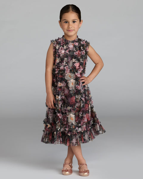 Girls Floral High Neck Ruffle Dress