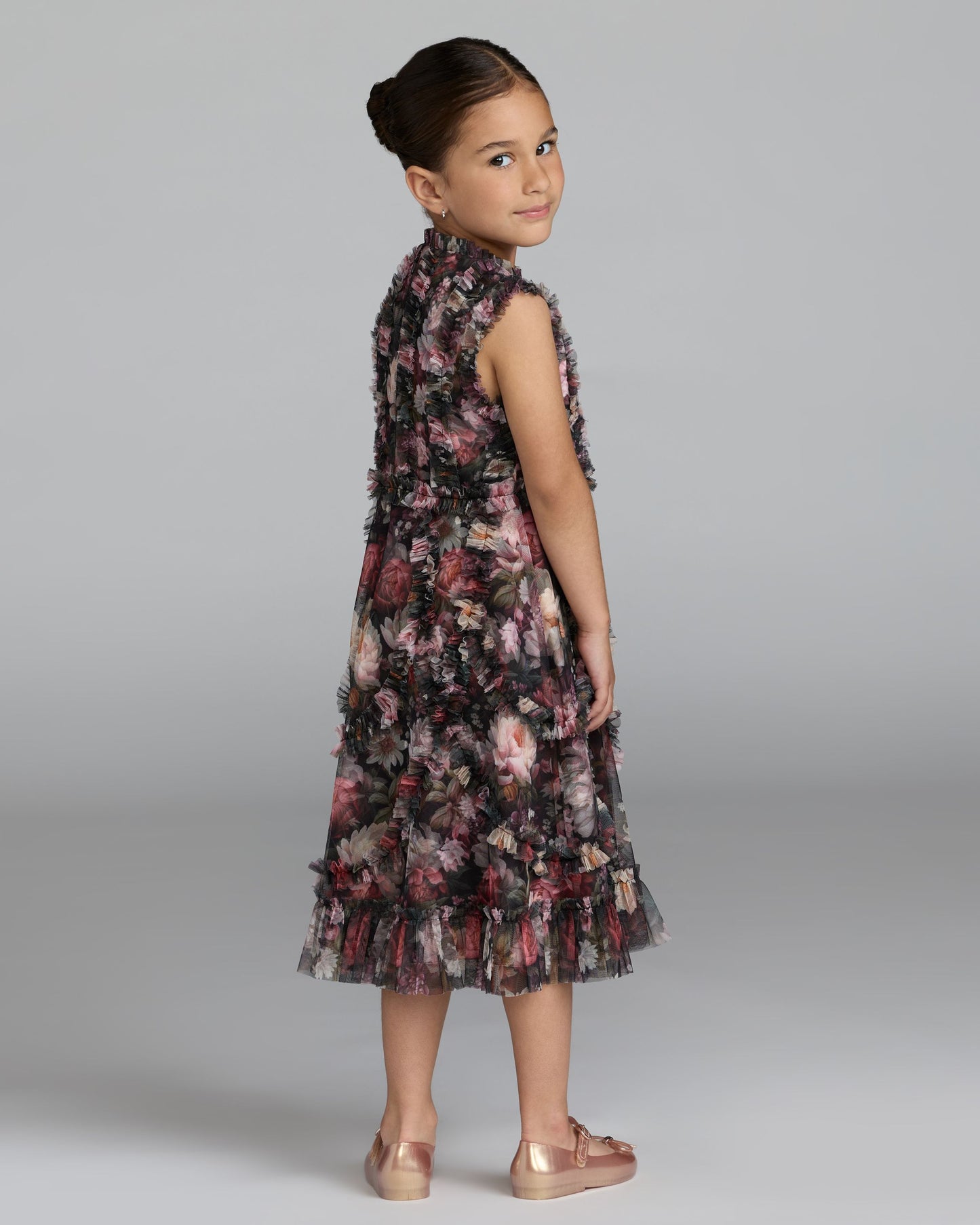 Girls Black Floral High Neck Ruffle Dress Mac Duggal