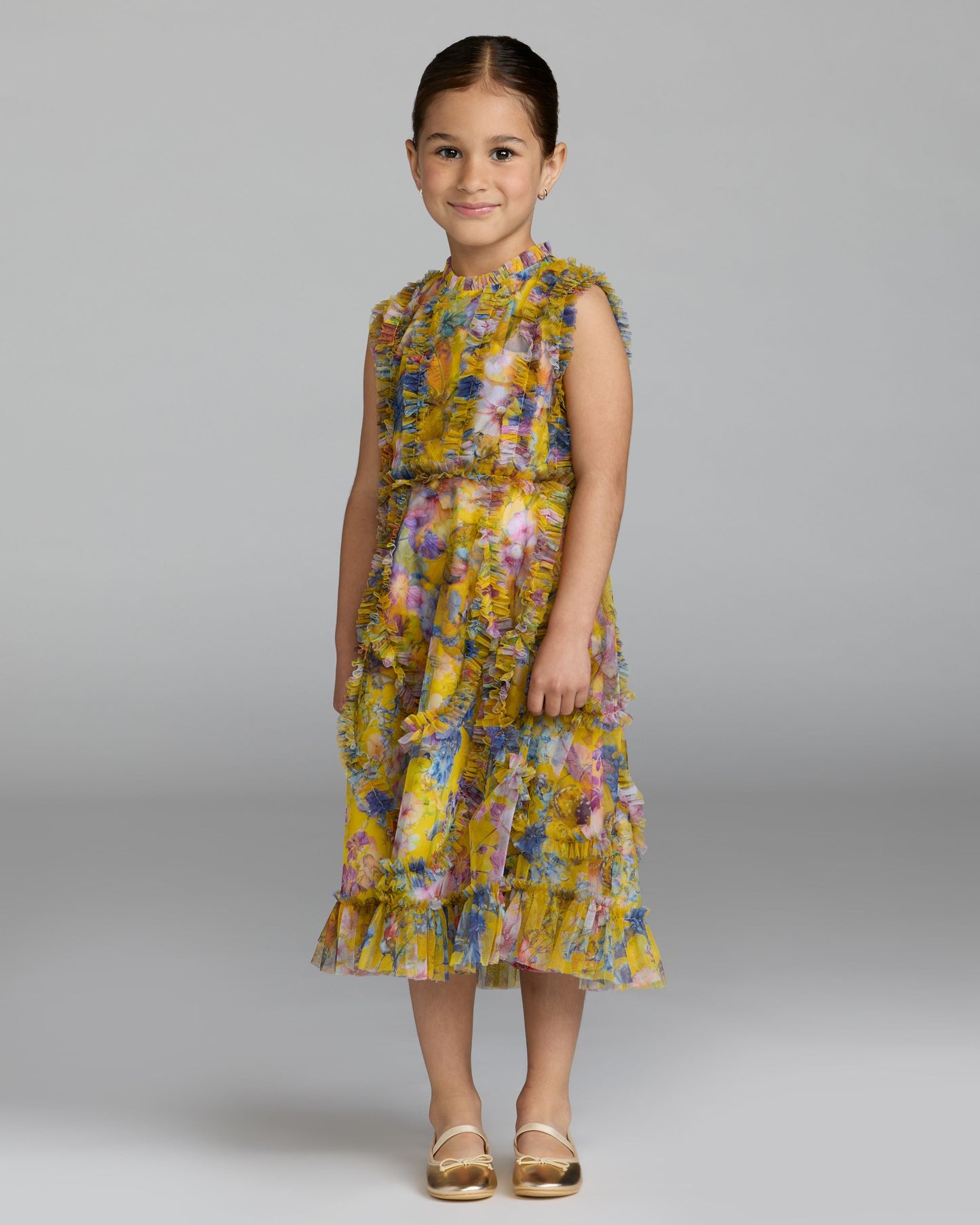 Girls Yellow Floral High Neck Ruffle Dress Mac Duggal