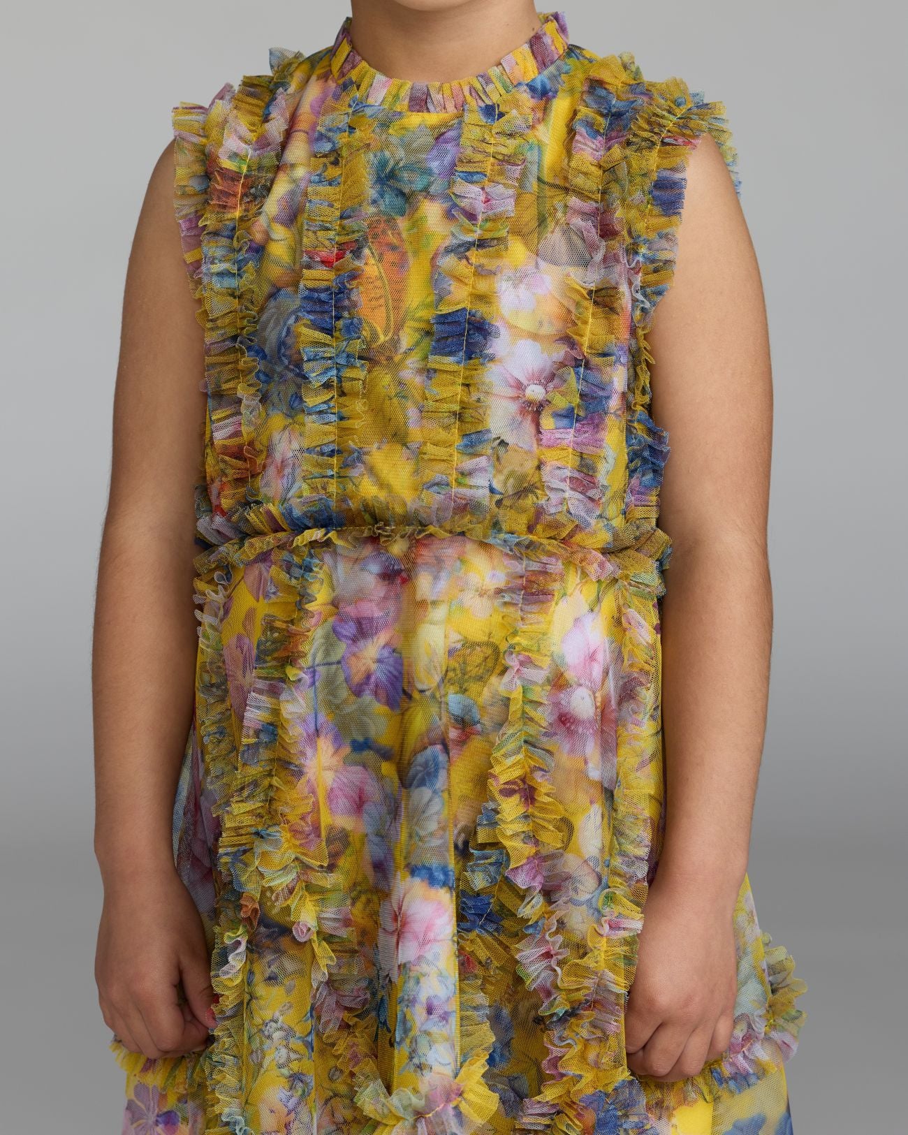 Girls Yellow Floral High Neck Ruffle Dress Mac Duggal