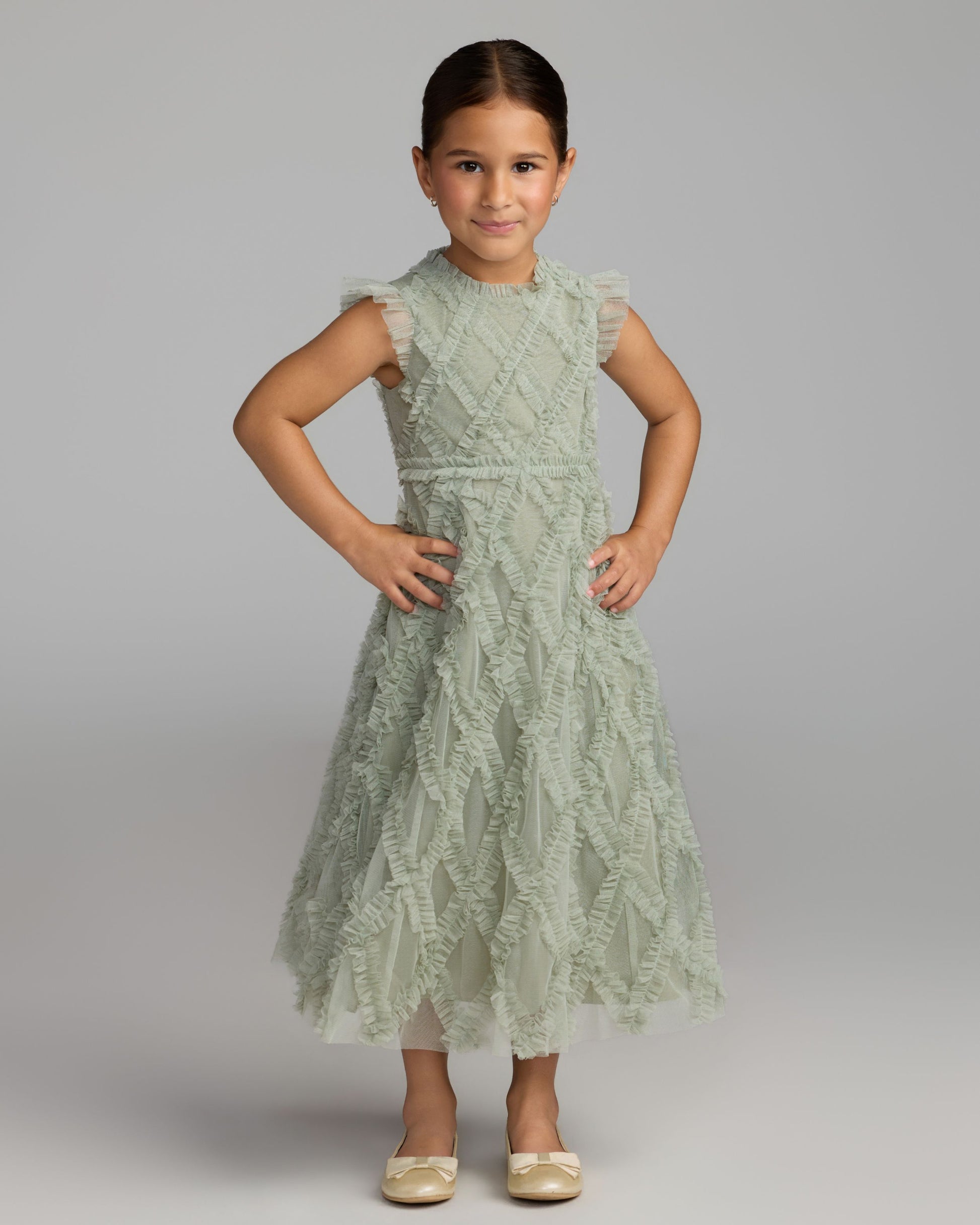 Girls Green Sleeveless Ruffle Dress Mac Duggal