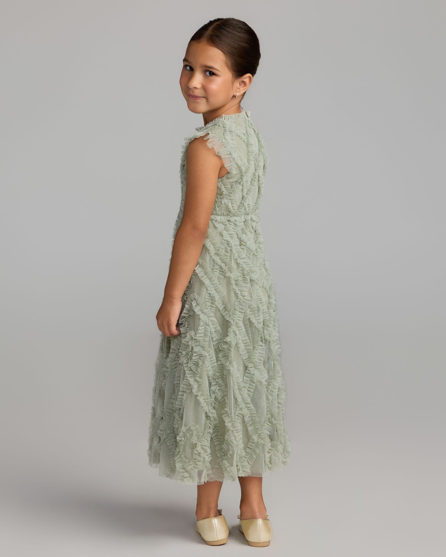 Girls Green Sleeveless Ruffle Dress Mac Duggal