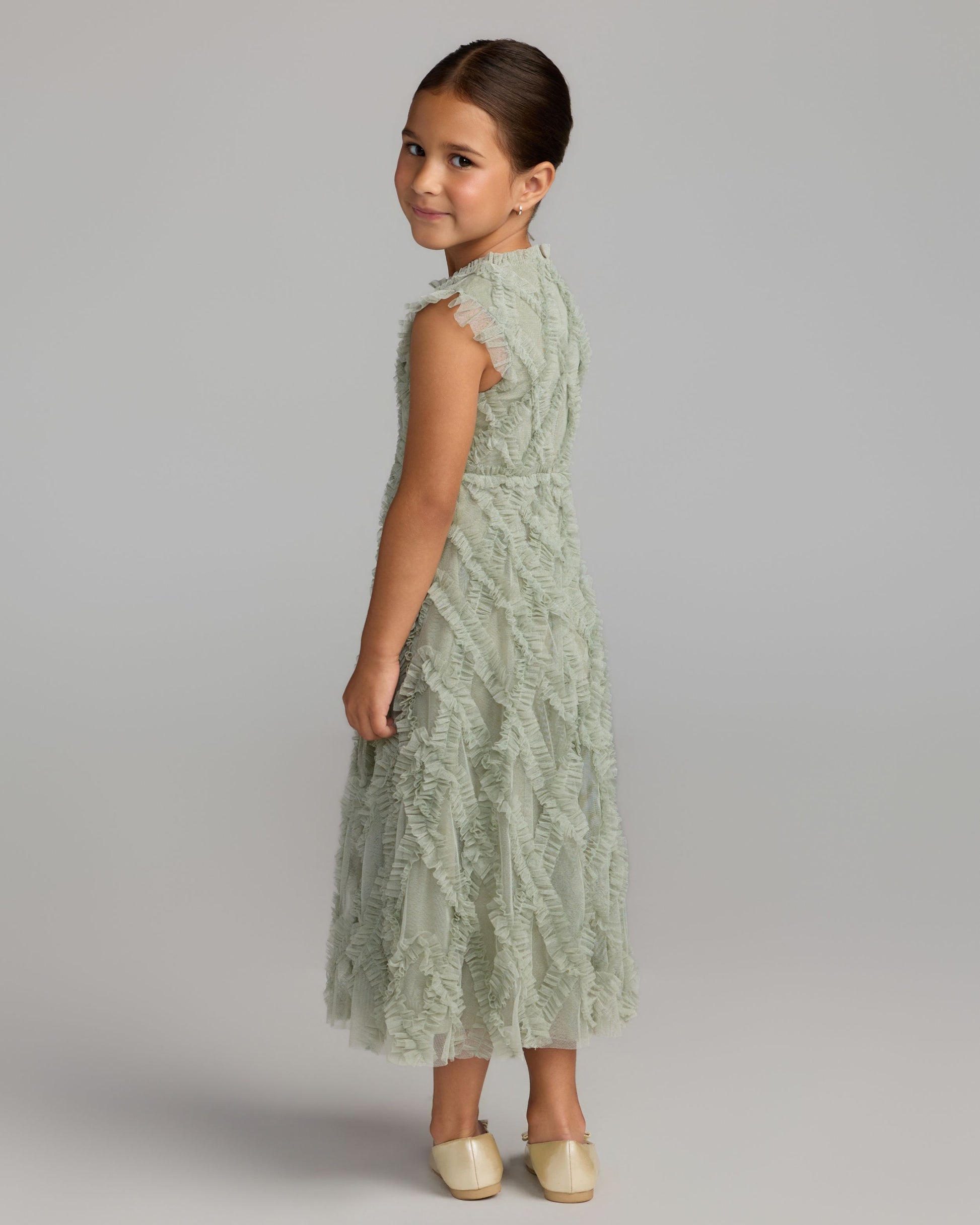 Girls Green Sleeveless Ruffle Dress Mac Duggal
