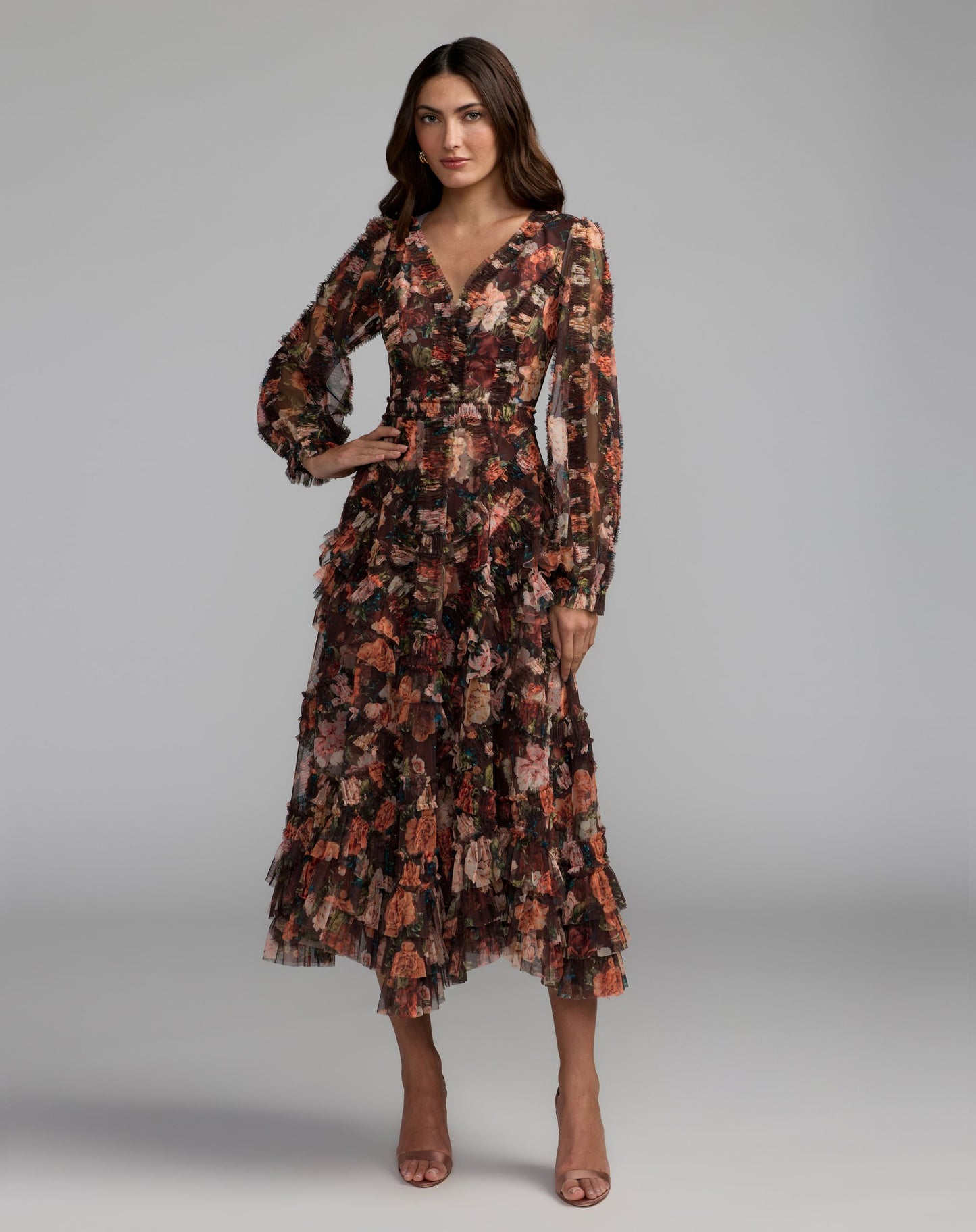 Multicolor Floral Long Sleeve Mirco Ruffle Midi Dress - Mac Duggal