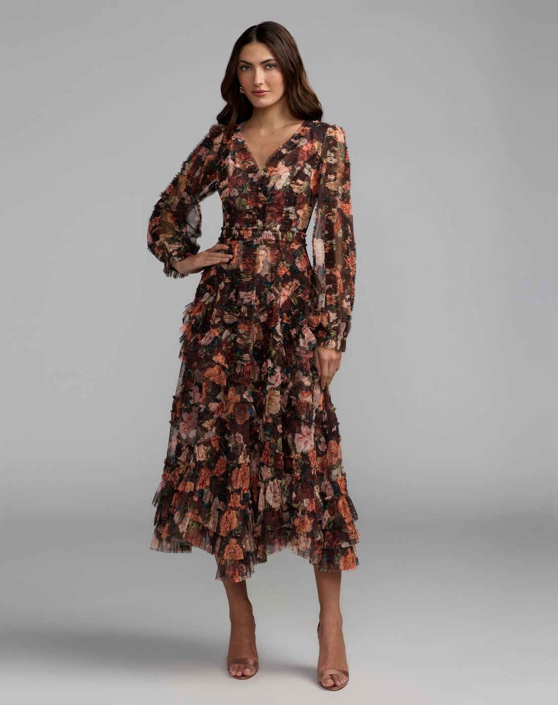 Multicolor Floral Long Sleeve Mirco Ruffle Midi Dress - Mac Duggal