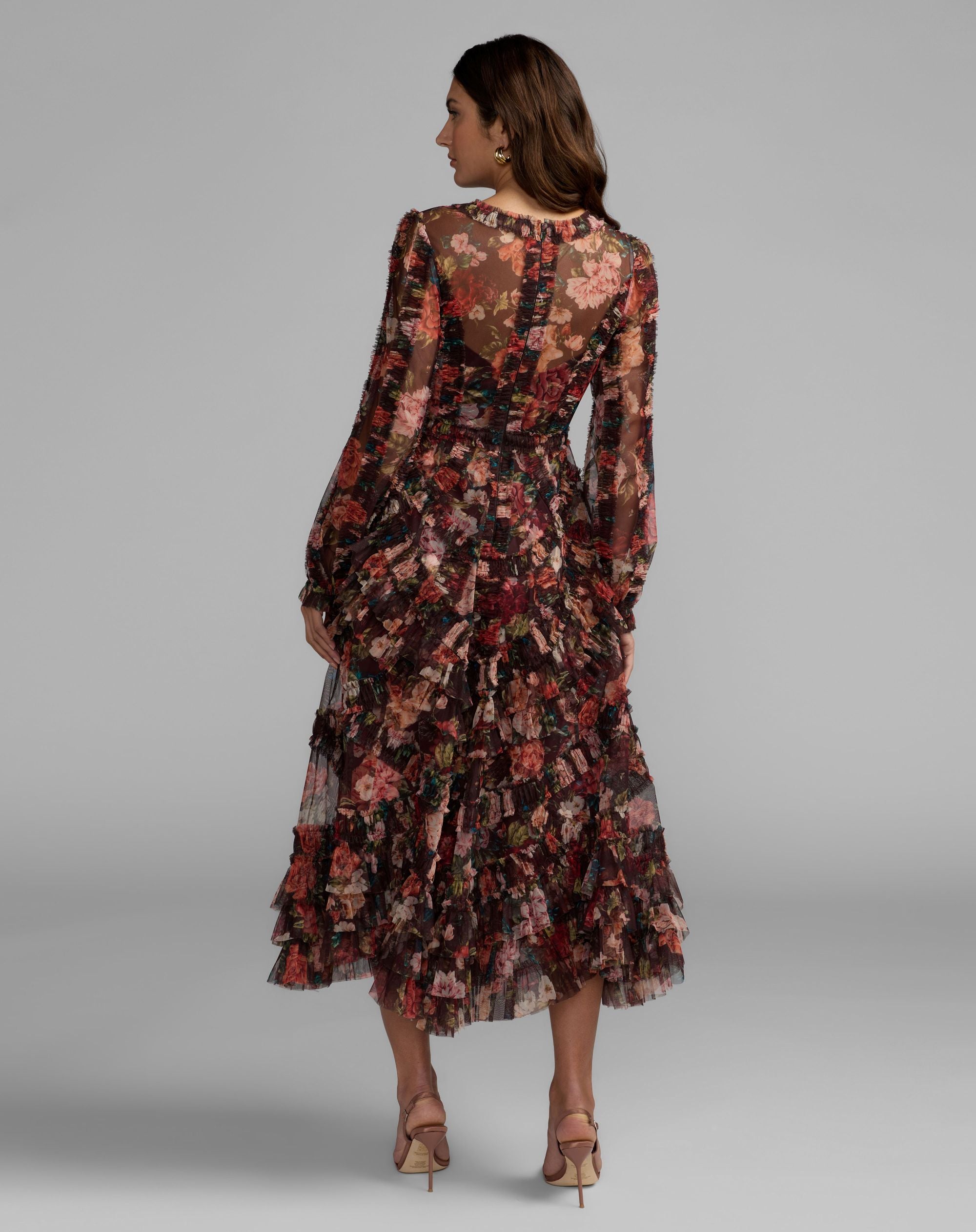 Multicolor Floral Long Sleeve Mirco Ruffle Midi Dress - Mac Duggal