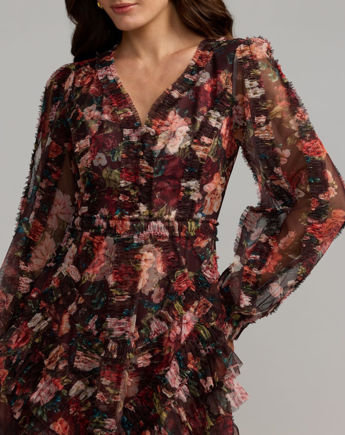 Multicolor Floral Long Sleeve Mirco Ruffle Midi Dress - Mac Duggal