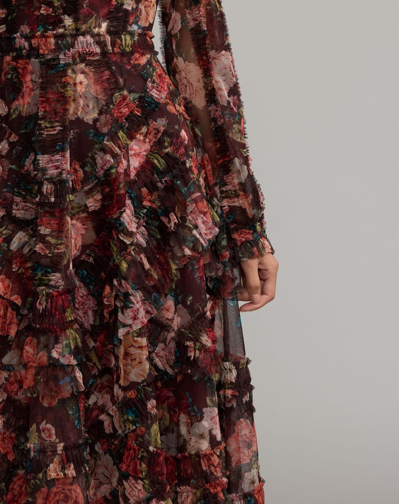 Multicolor Floral Long Sleeve Mirco Ruffle Midi Dress - Mac Duggal