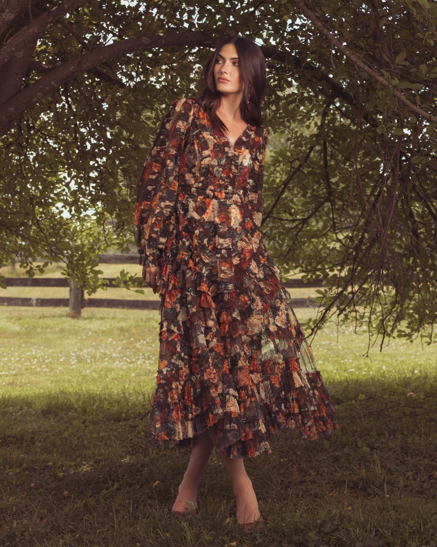 Multicolor Floral Long Sleeve Mirco Ruffle Midi Dress - Mac Duggal