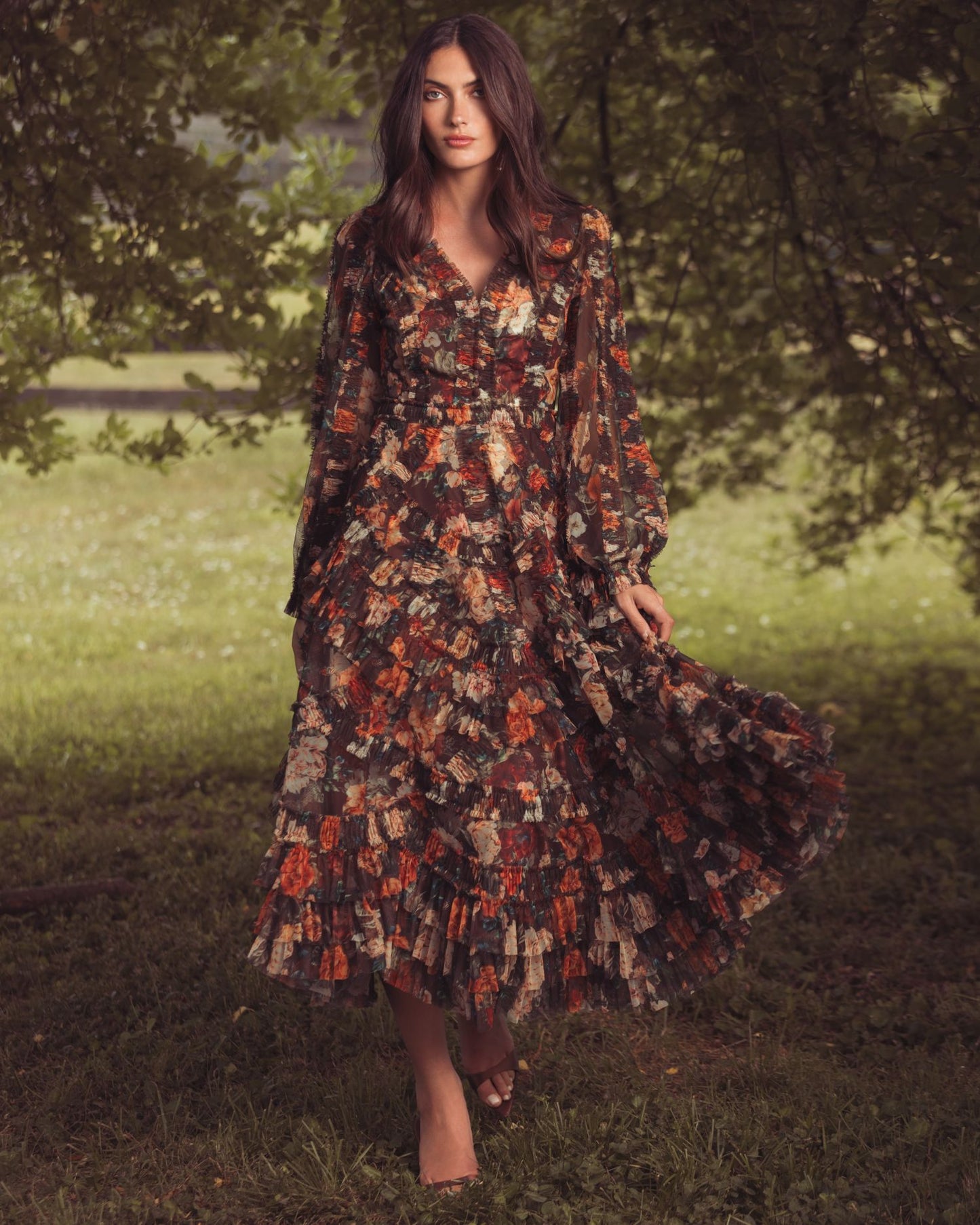 Multicolor Floral Long Sleeve Mirco Ruffle Midi Dress - Mac Duggal