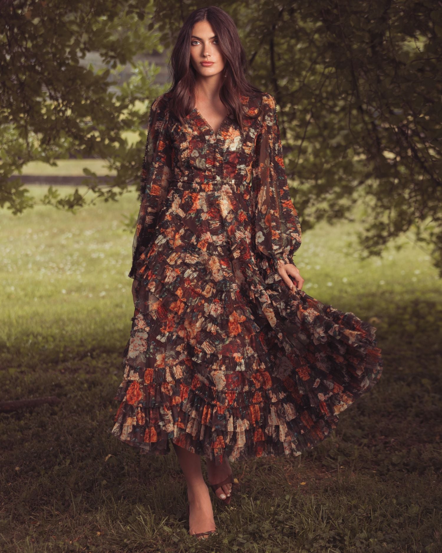 Multicolor Floral Long Sleeve Mirco Ruffle Midi Dress - Mac Duggal