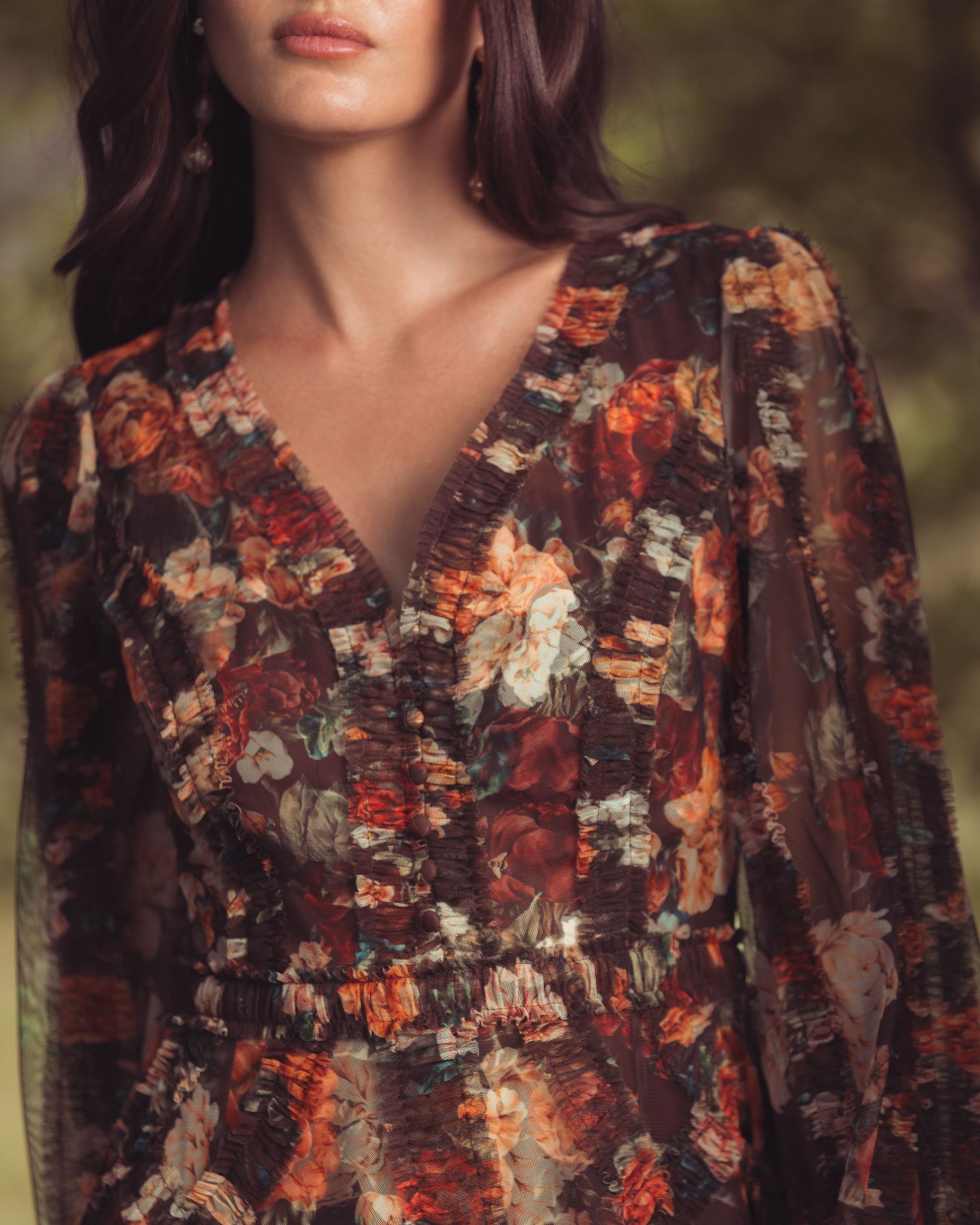 Multicolor Floral Long Sleeve Mirco Ruffle Midi Dress - Mac Duggal