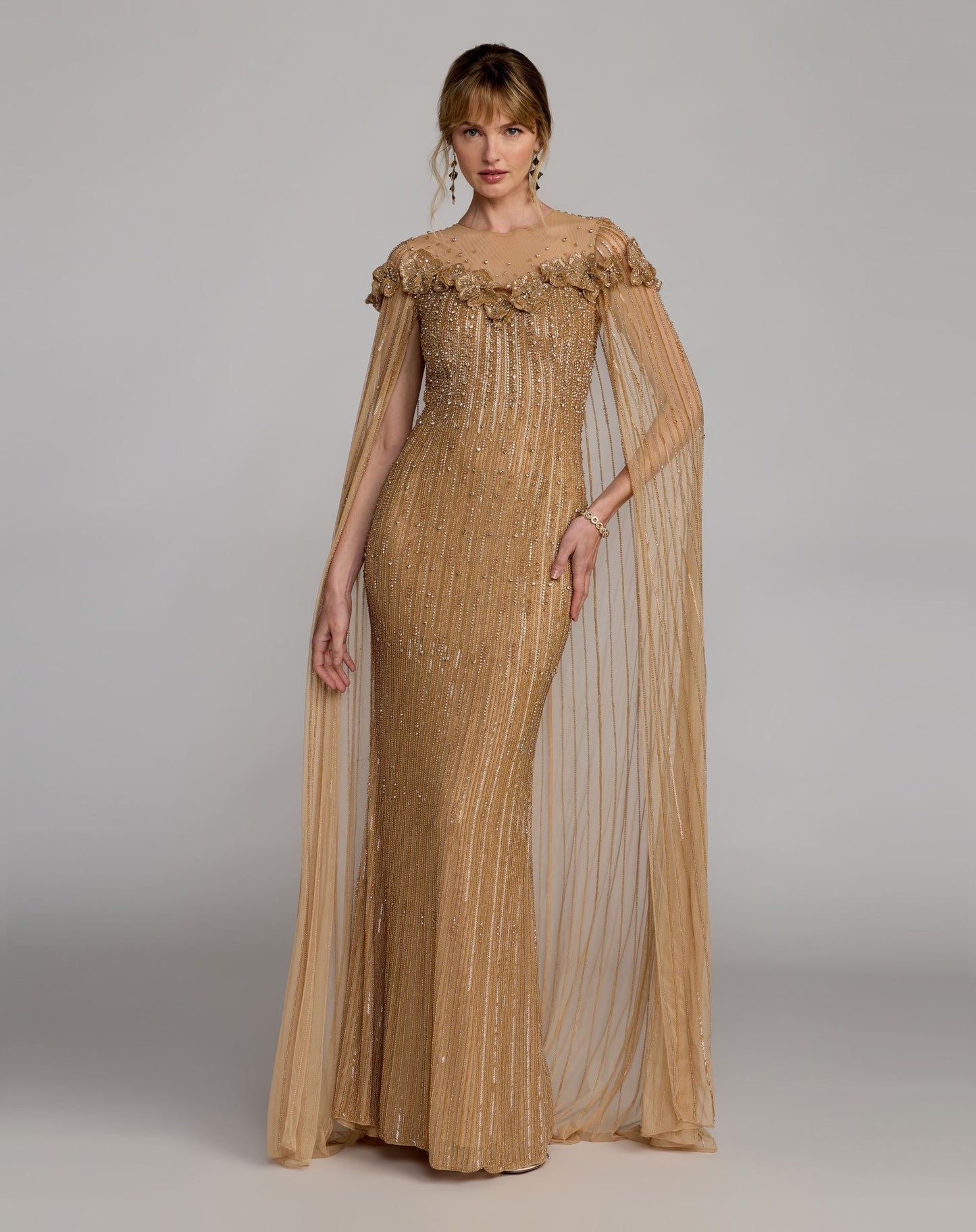 Gold Embellished Floral Gown With Cape - Mac Duggal