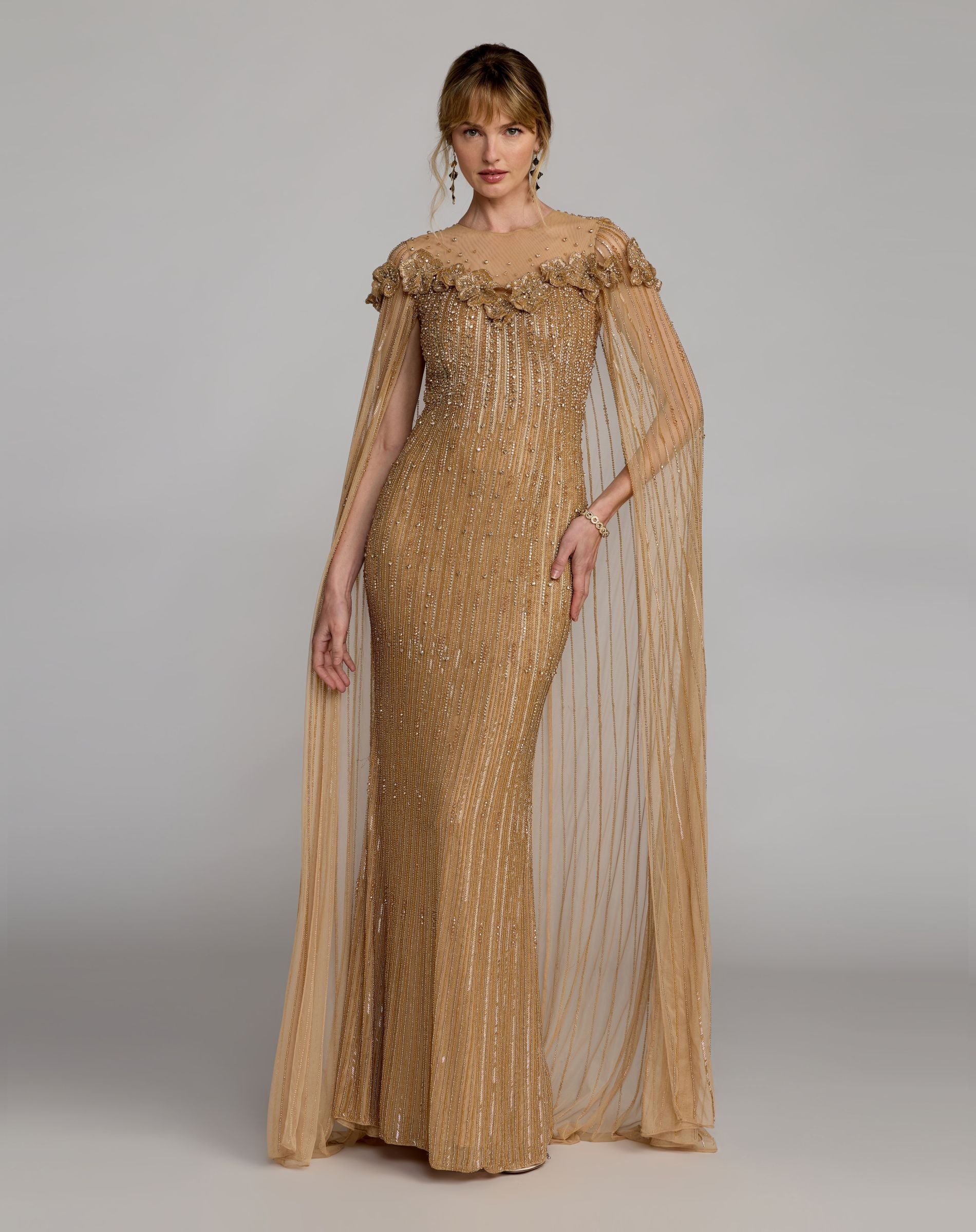 Gold Embellished Floral Gown With Cape - Mac Duggal