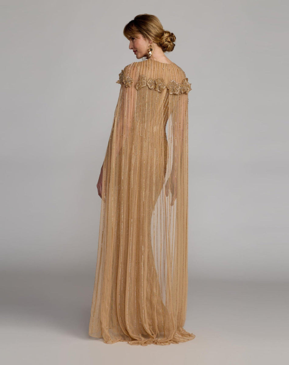Gold Embellished Floral Gown With Cape - Mac Duggal