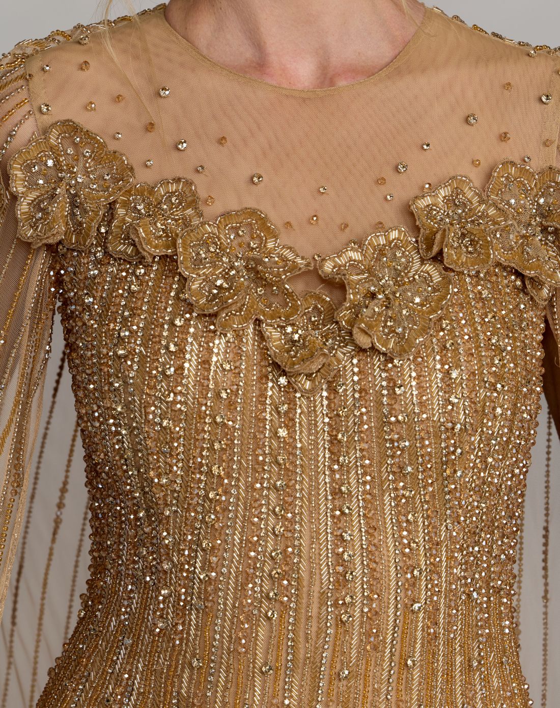 Gold Embellished Floral Gown With Cape - Mac Duggal