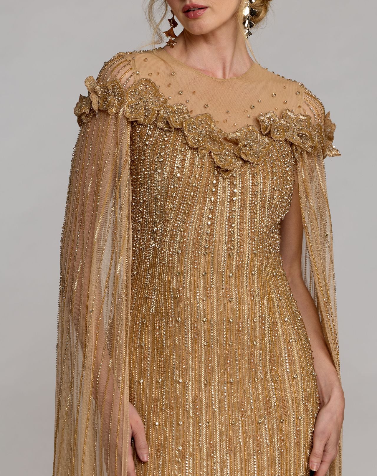 Gold Embellished Floral Gown With Cape - Mac Duggal