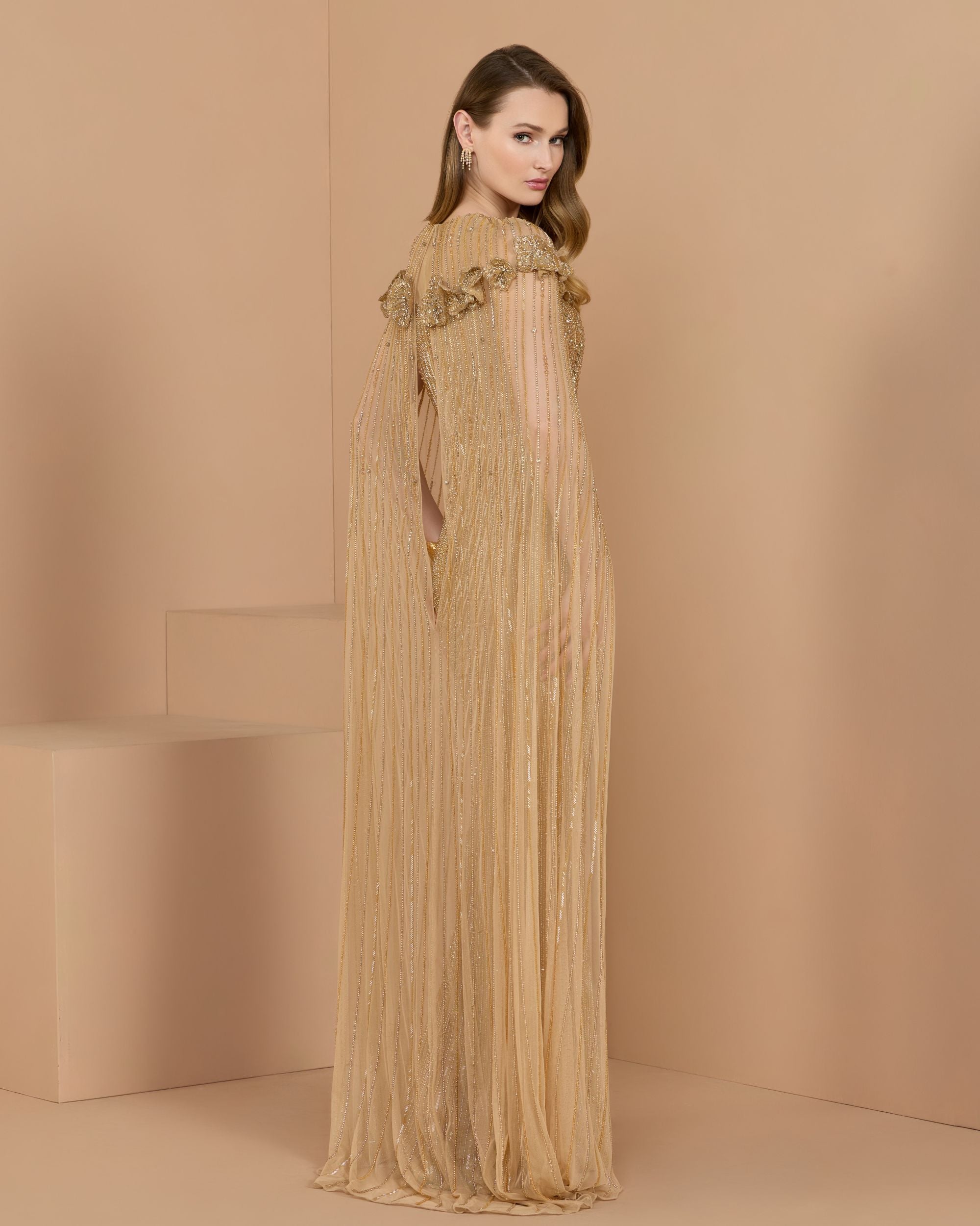 Gold Hand Beaded Floral Gown With Cape - Mac Duggal