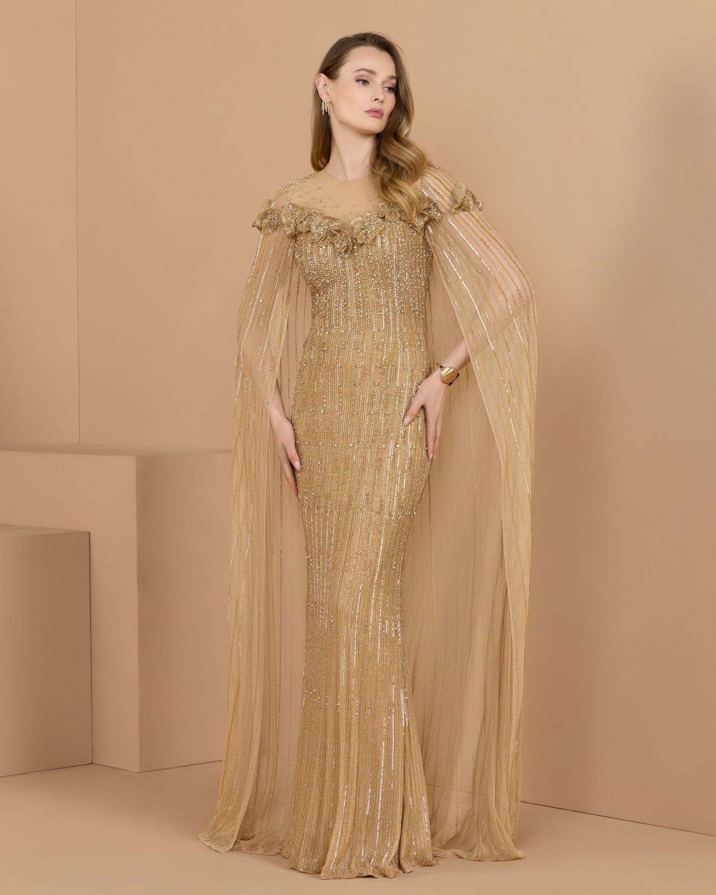 Gold Hand Beaded Floral Gown With Cape - Mac Duggal