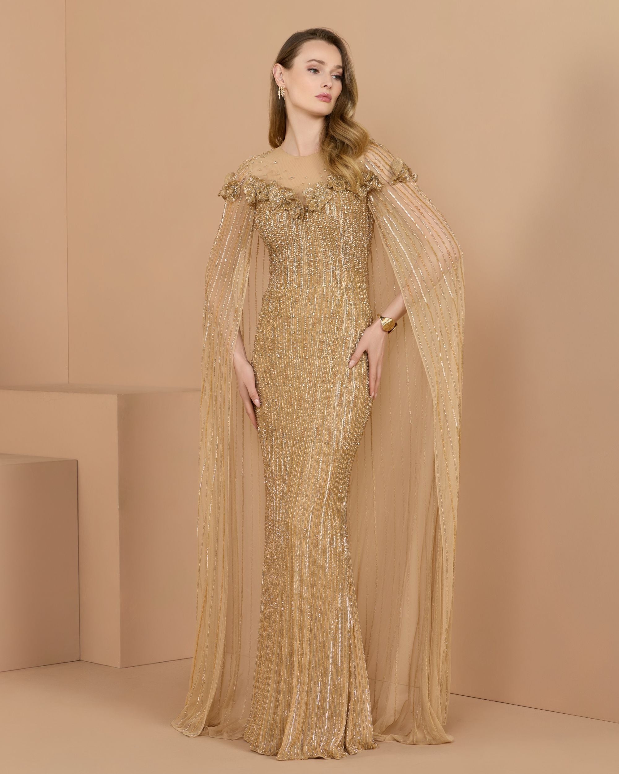 Gold Hand Beaded Floral Gown With Cape - Mac Duggal
