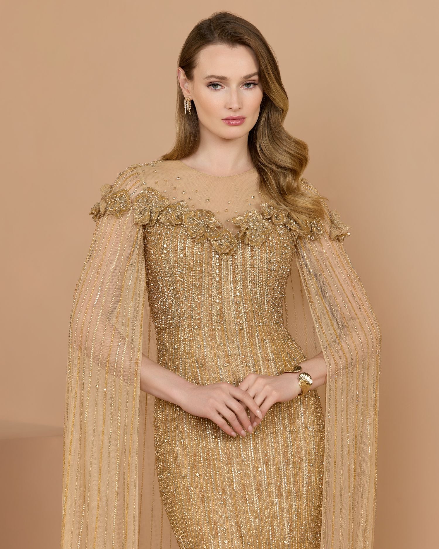 Gold Embellished Floral Gown With Cape